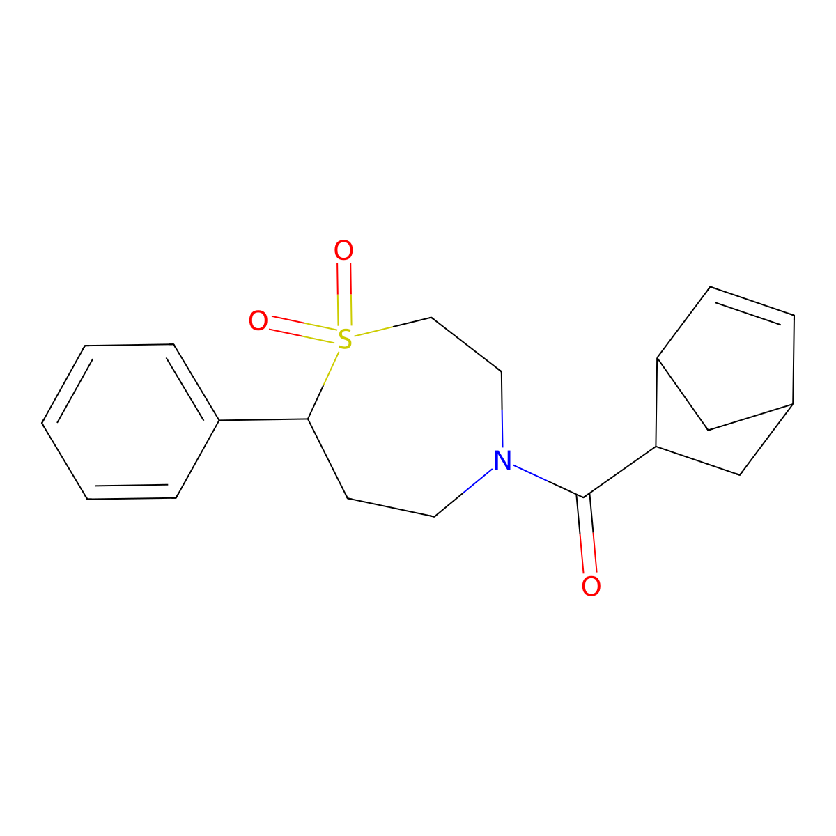 Bicyclo[2.2.1]hept-5-en-2-yl(1,1-dioxido-7-phenyl-1,4-thiazepan-4-yl)methanone molecular structure, CAS 2034515-44-9