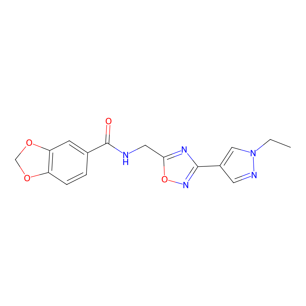 N-((3-(1-ethyl-1H-pyrazol-4-yl)-1,2,4-oxadiazol-5-yl)methyl)benzo[d][1,3]dioxole-5-carboxamide molecular structure, CAS 2034515-49-4