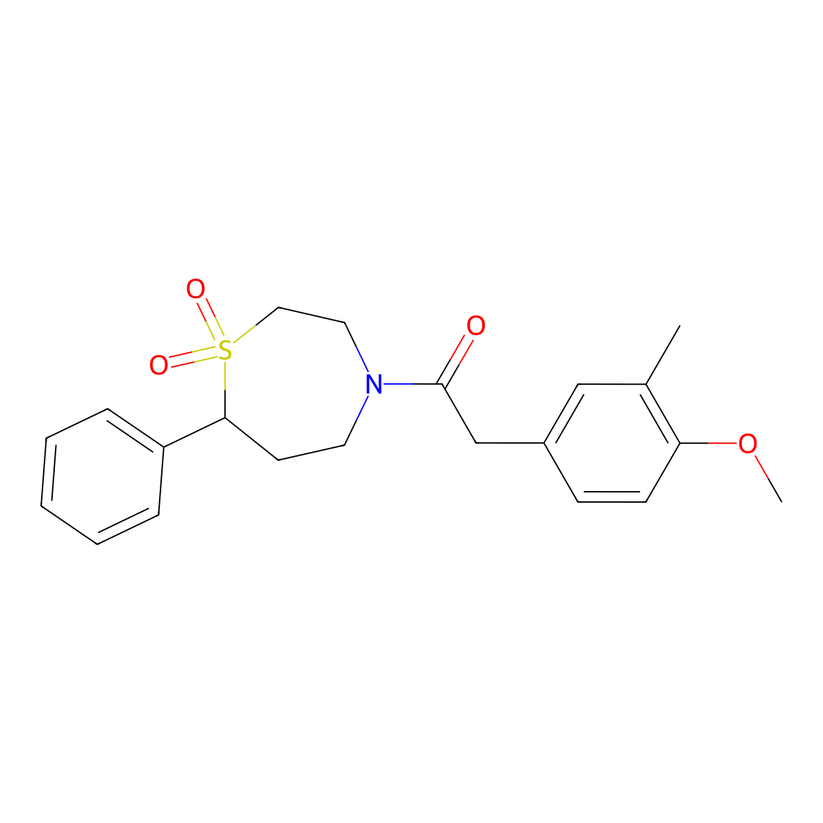 1-(1,1-Dioxido-7-phenyl-1,4-thiazepan-4-yl)-2-(4-methoxy-3-methylphenyl)ethanone molecular structure, CAS 2034515-74-5