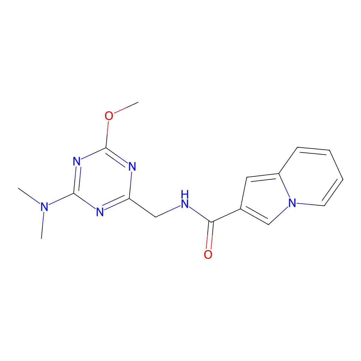 N-((4-(dimethylamino)-6-methoxy-1,3,5-triazin-2-yl)methyl)indolizine-2-carboxamide molecular structure, CAS 2034515-89-2