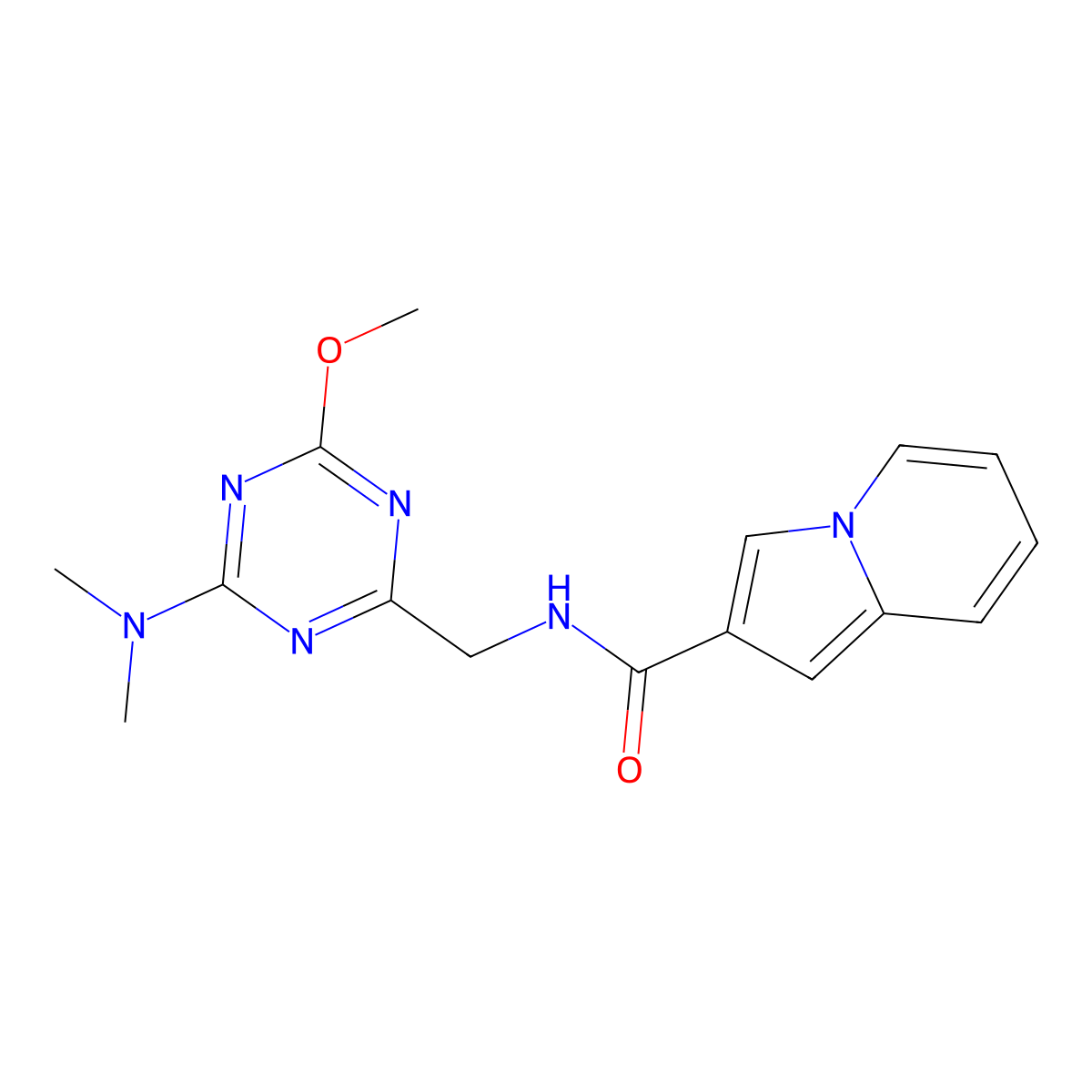 N-((4-(dimethylamino)-6-methoxy-1,3,5-triazin-2-yl)methyl)indolizine-2-carboxamide molecular structure, CAS 2034515-89-2