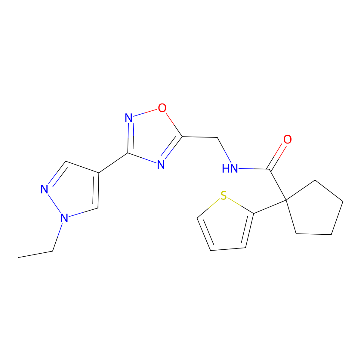 N-((3-(1-ethyl-1H-pyrazol-4-yl)-1,2,4-oxadiazol-5-yl)methyl)-1-(thiophen-2-yl)cyclopentanecarboxamide molecular structure, CAS 2034516-00-0