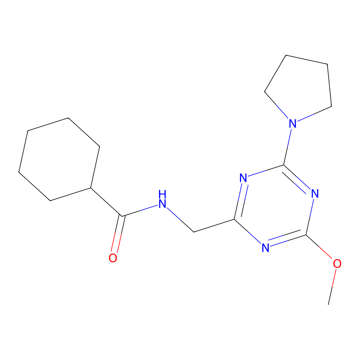 N-((4-methoxy-6-(pyrrolidin-1-yl)-1,3,5-triazin-2-yl)methyl)cyclohexanecarboxamide molecular structure, CAS 2034516-11-3