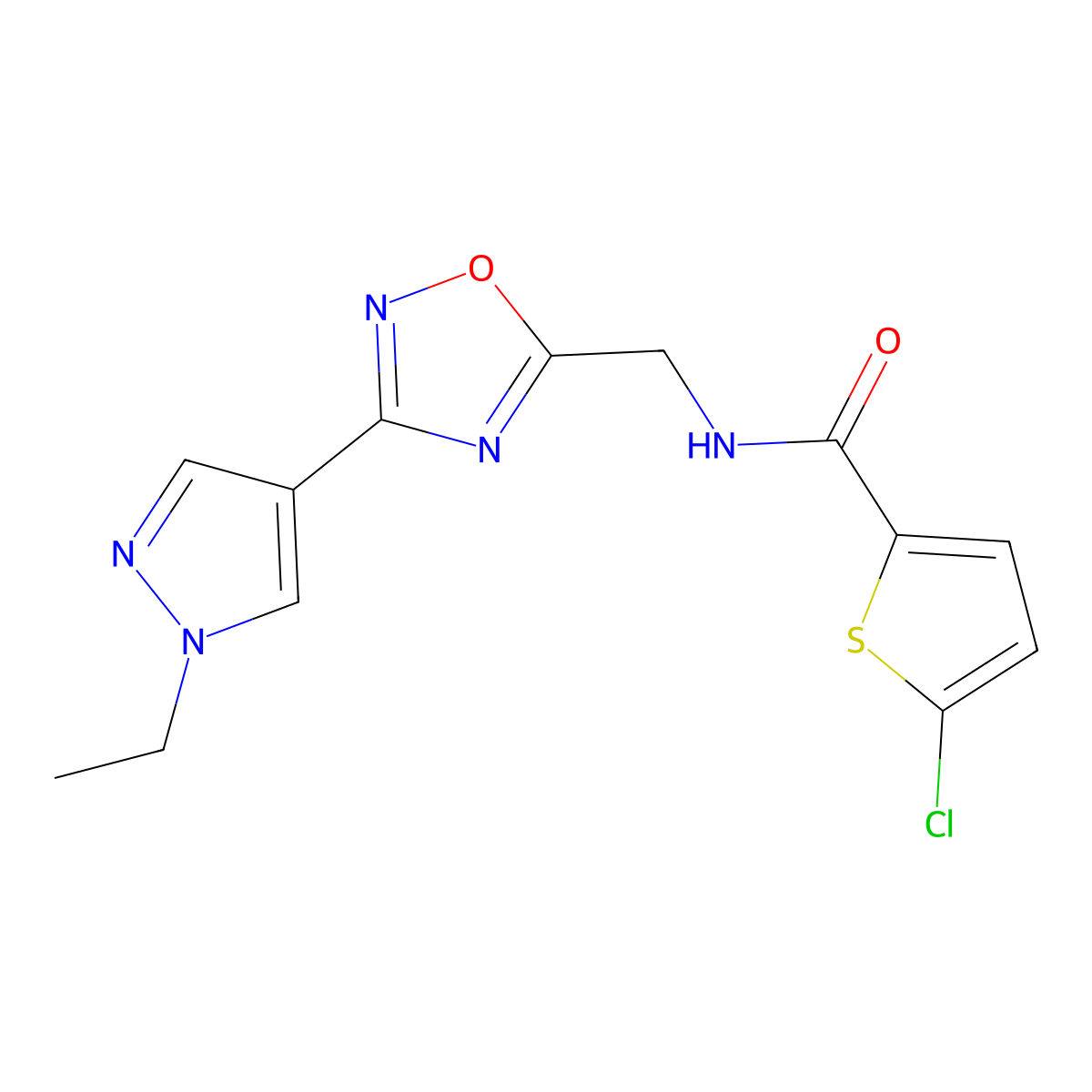 5-chloro-N-((3-(1-ethyl-1H-pyrazol-4-yl)-1,2,4-oxadiazol-5-yl)methyl)thiophene-2-carboxamide molecular structure, CAS 2034516-13-5