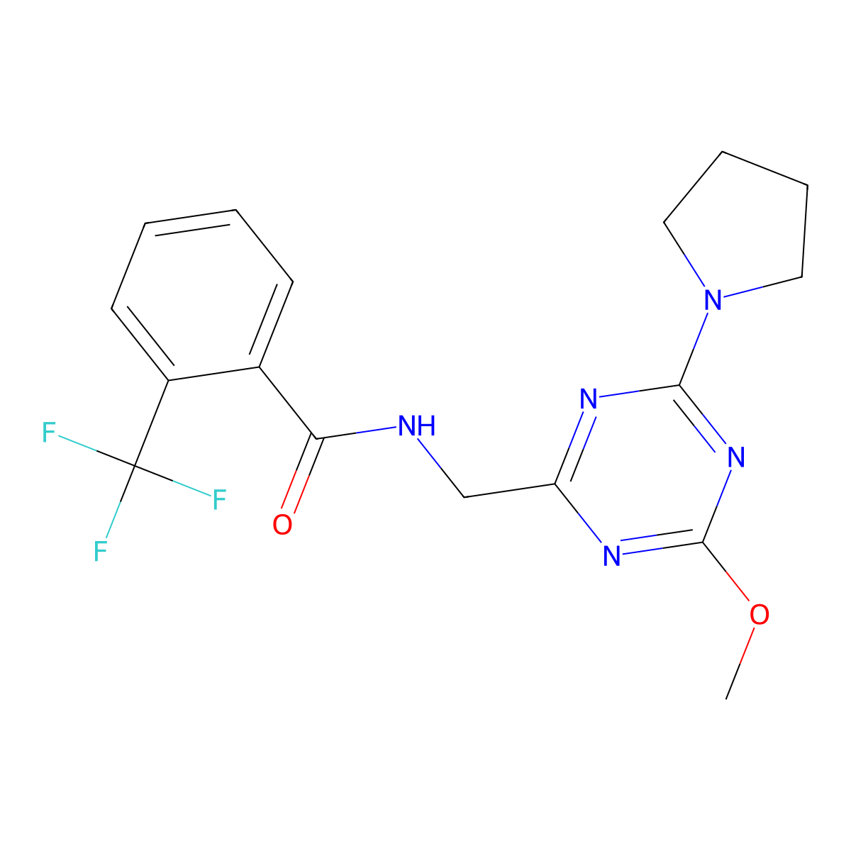 N-{[4-methoxy-6-(pyrrolidin-1-yl)-1,3,5-triazin-2-yl]methyl}-2-(trifluoromethyl)benzamide molecular structure, CAS 2034516-19-1