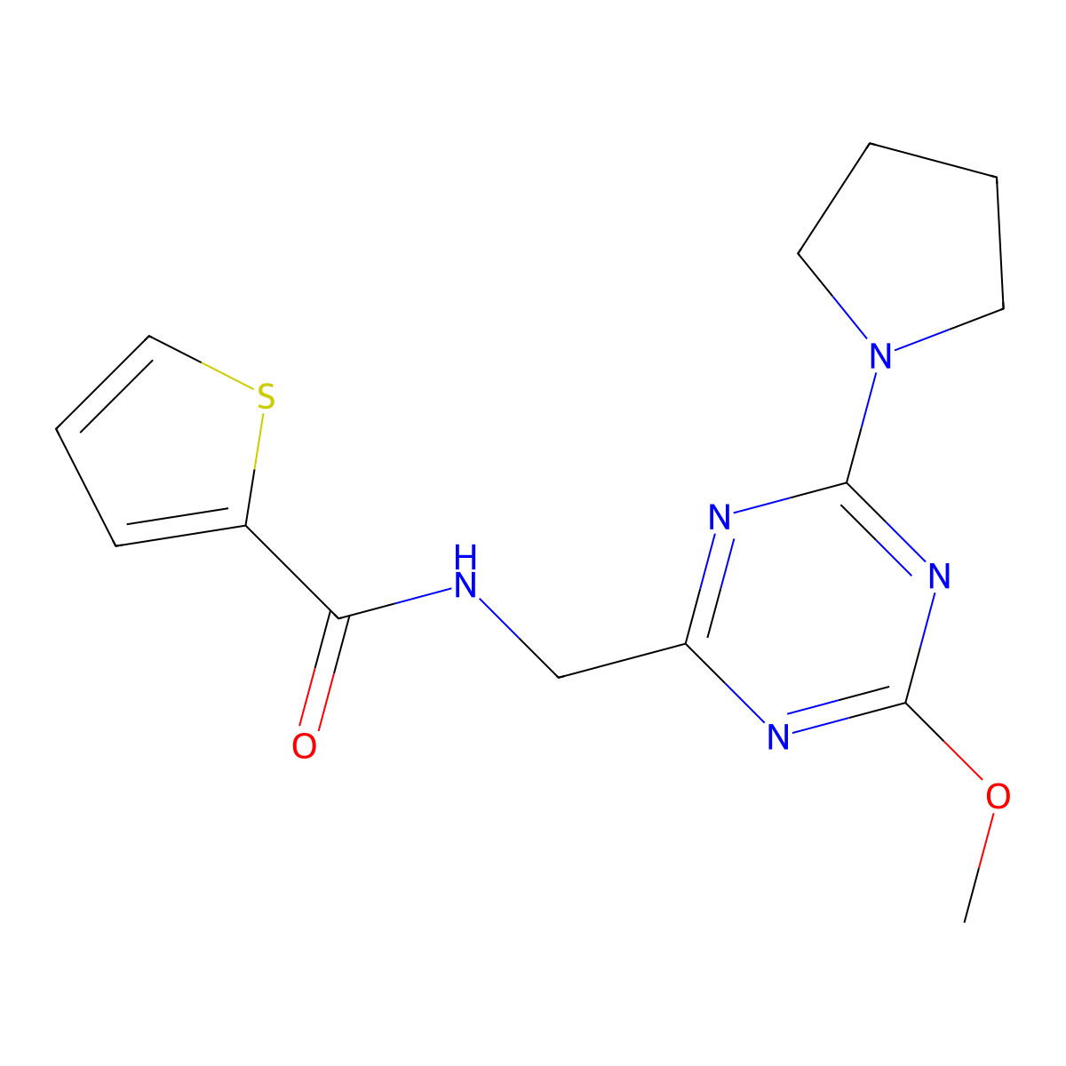 N-((4-methoxy-6-(pyrrolidin-1-yl)-1,3,5-triazin-2-yl)methyl)thiophene-2-carboxamide molecular structure, CAS 2034516-23-7