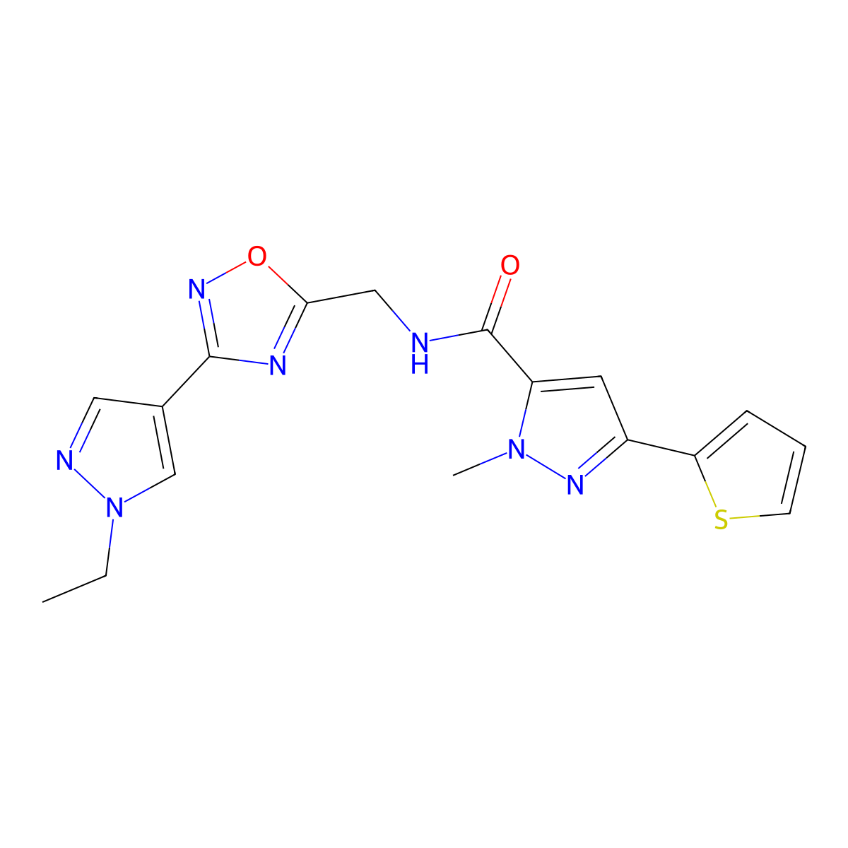 N-((3-(1-ethyl-1H-pyrazol-4-yl)-1,2,4-oxadiazol-5-yl)methyl)-1-methyl-3-(thiophen-2-yl)-1H-pyrazole-5-carboxamide molecular structure, CAS 2034516-24-8