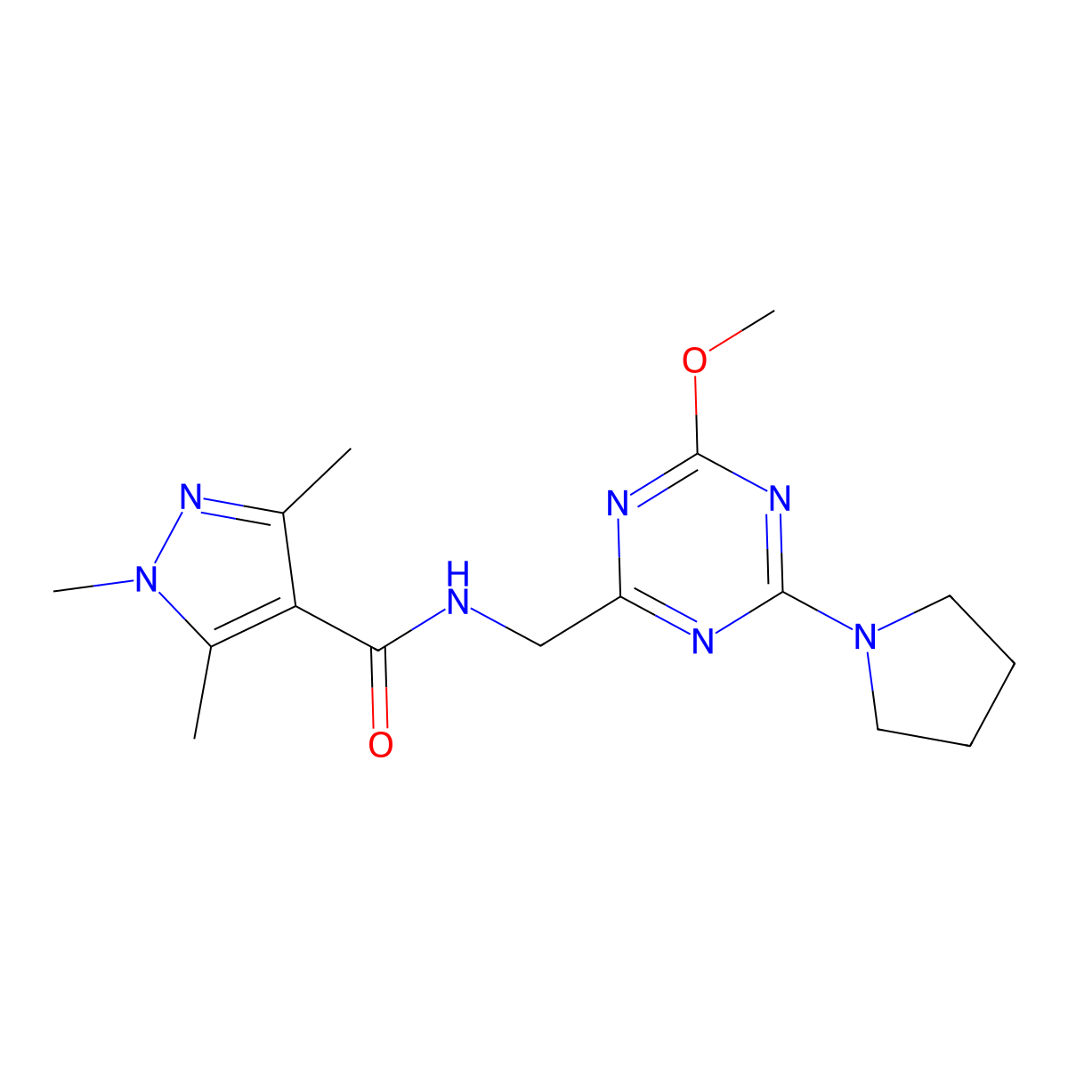 N-{[4-methoxy-6-(pyrrolidin-1-yl)-1,3,5-triazin-2-yl]methyl}-1,3,5-trimethyl-1H-pyrazole-4-carboxamide molecular structure, CAS 2034516-27-1