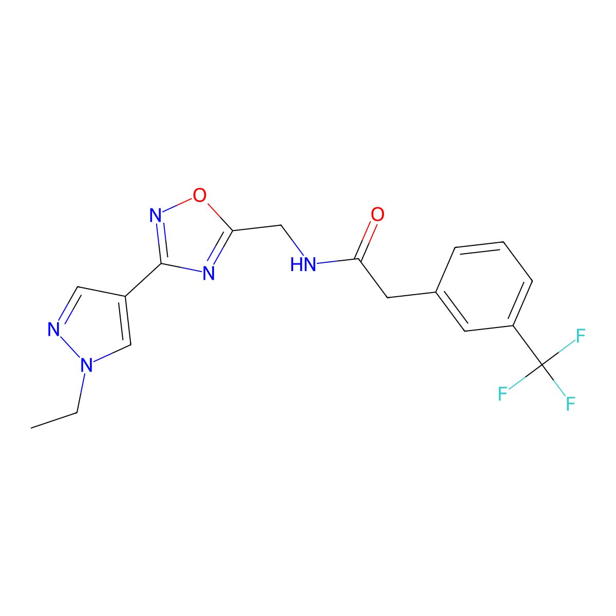 N-{[3-(1-ethyl-1H-pyrazol-4-yl)-1,2,4-oxadiazol-5-yl]methyl}-2-[3-(trifluoromethyl)phenyl]acetamide molecular structure, CAS 2034516-30-6