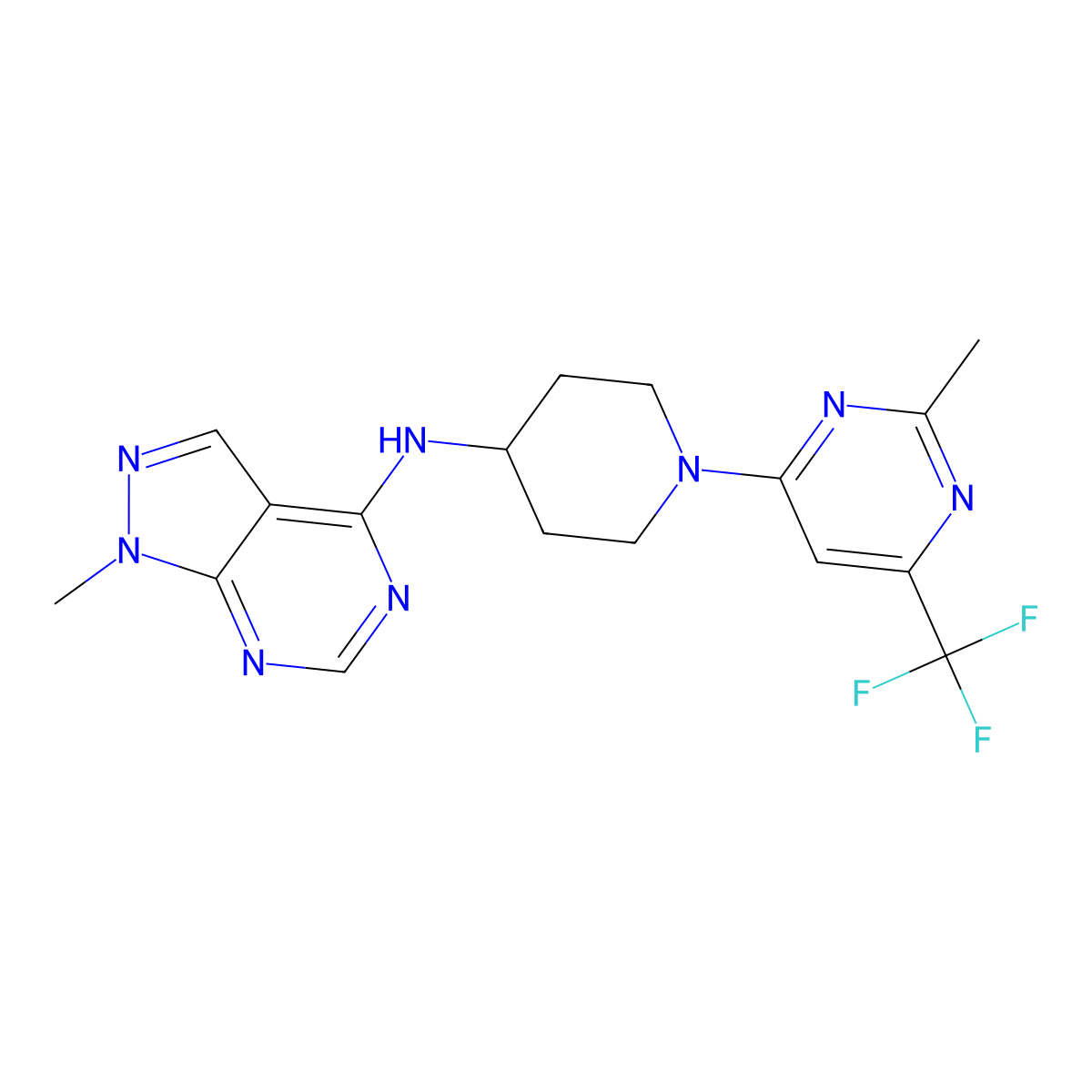 N-{1-methyl-1H-pyrazolo[3,4-d]pyrimidin-4-yl}-1-[2-methyl-6-(trifluoromethyl)pyrimidin-4-yl]piperidin-4-amine molecular structure, CAS 2034516-31-7