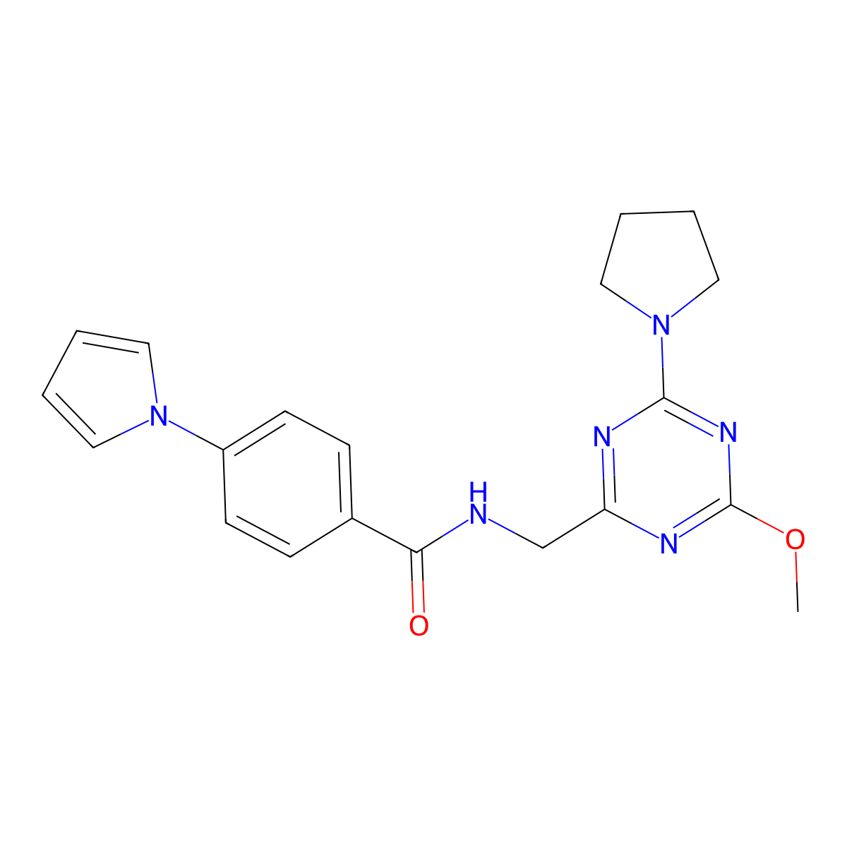 N-{[4-methoxy-6-(pyrrolidin-1-yl)-1,3,5-triazin-2-yl]methyl}-4-(1H-pyrrol-1-yl)benzamide molecular structure, CAS 2034516-33-9