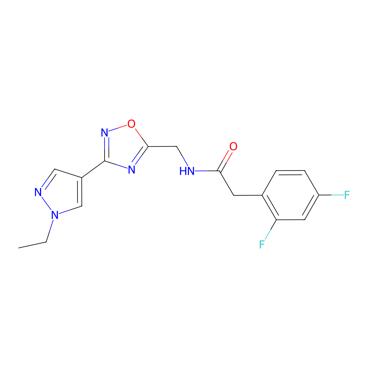 2-(2,4-difluorophenyl)-N-((3-(1-ethyl-1H-pyrazol-4-yl)-1,2,4-oxadiazol-5-yl)methyl)acetamide molecular structure, CAS 2034516-41-9