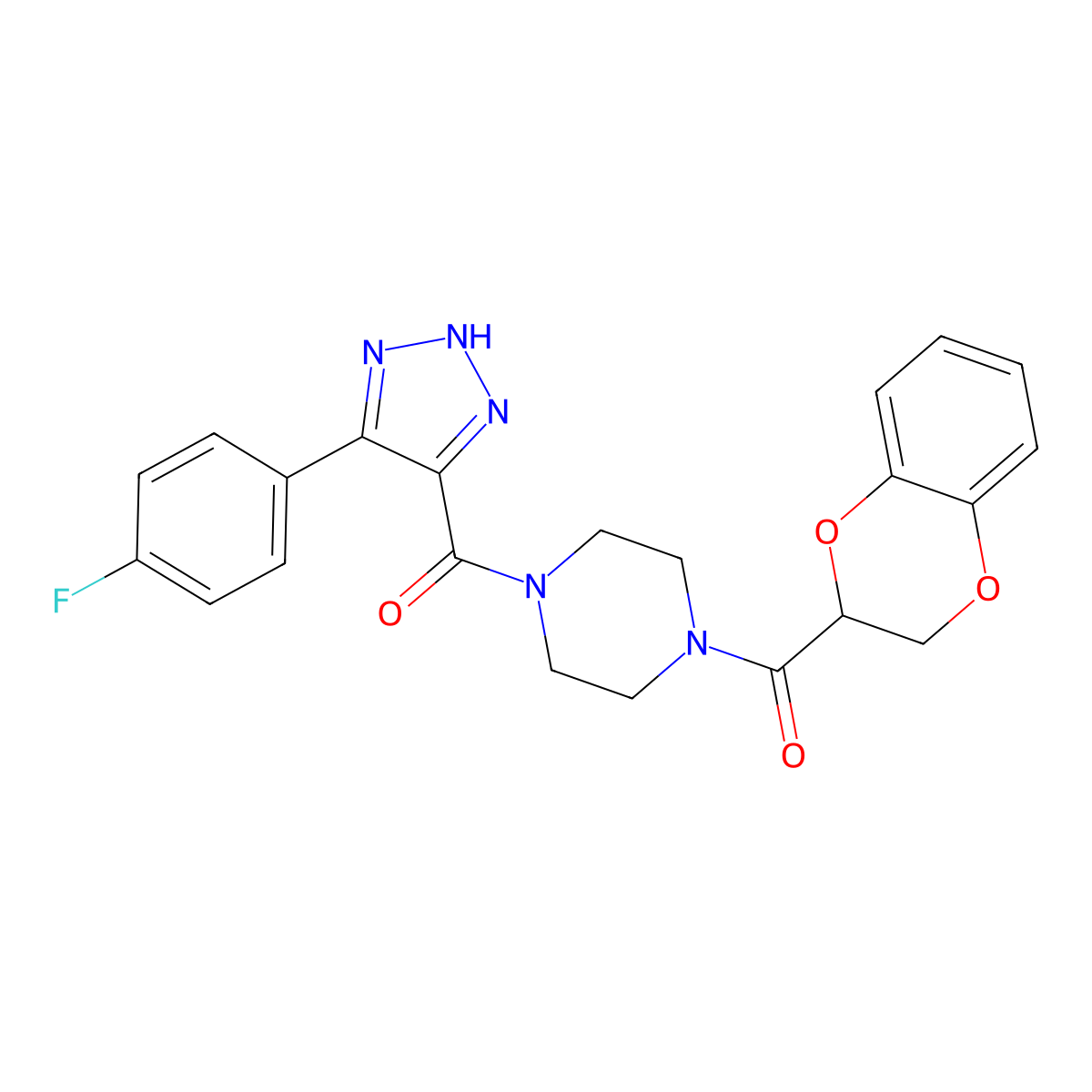 (2,3-dihydrobenzo[b][1,4]dioxin-2-yl)(4-(4-(4-fluorophenyl)-1H-1,2,3-triazole-5-carbonyl)piperazin-1-yl)methanone molecular structure, CAS 2034516-49-7