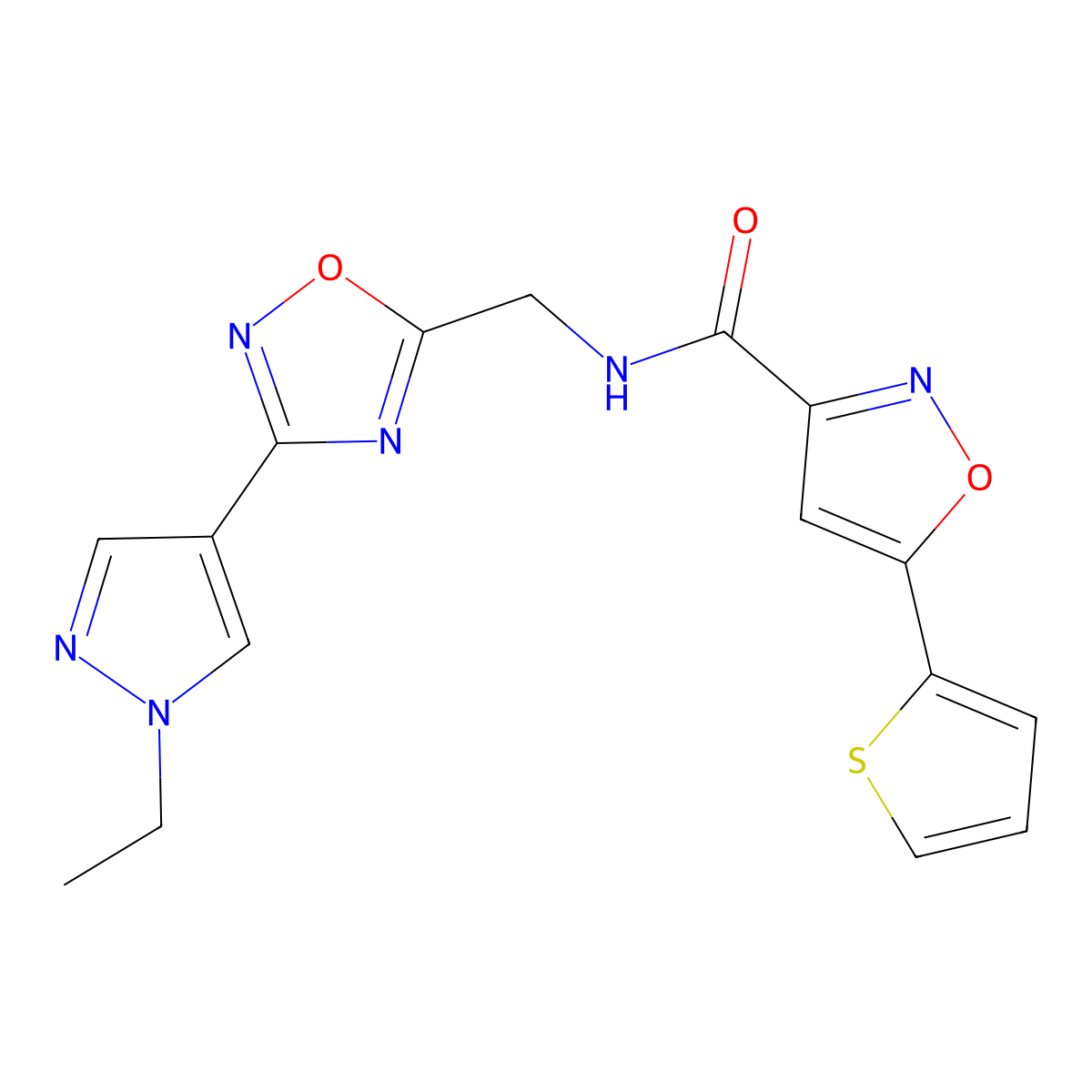 N-{[3-(1-ethyl-1H-pyrazol-4-yl)-1,2,4-oxadiazol-5-yl]methyl}-5-(thiophen-2-yl)-1,2-oxazole-3-carboxamide molecular structure, CAS 2034516-52-2