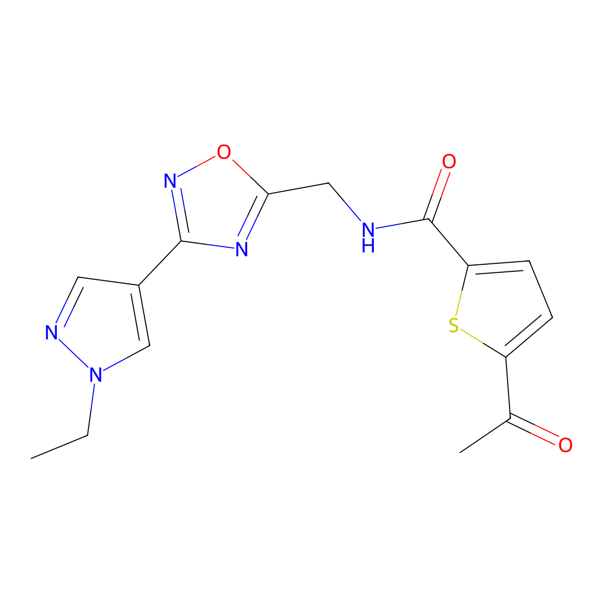 5-acetyl-N-{[3-(1-ethyl-1H-pyrazol-4-yl)-1,2,4-oxadiazol-5-yl]methyl}thiophene-2-carboxamide molecular structure, CAS 2034516-53-3