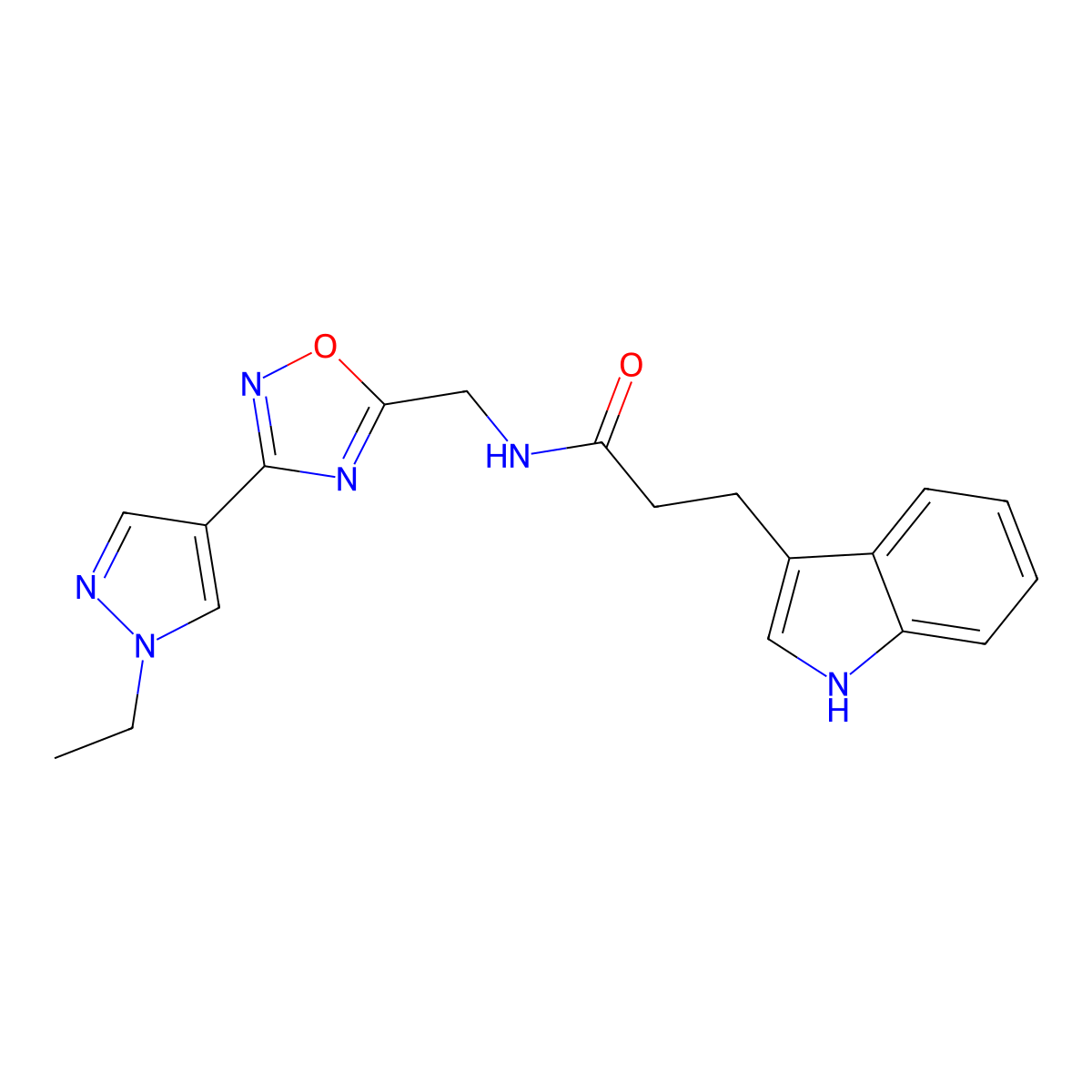 N-{[3-(1-ethyl-1H-pyrazol-4-yl)-1,2,4-oxadiazol-5-yl]methyl}-3-(1H-indol-3-yl)propanamide molecular structure, CAS 2034516-60-2