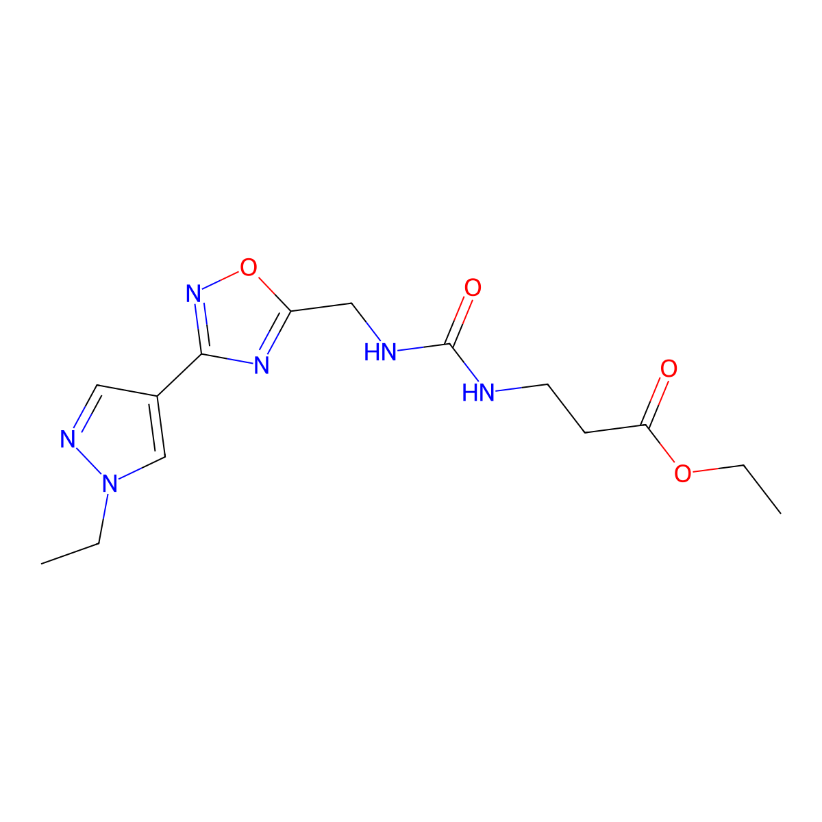 ethyl 3-(3-((3-(1-ethyl-1H-pyrazol-4-yl)-1,2,4-oxadiazol-5-yl)methyl)ureido)propanoate molecular structure, CAS 2034516-67-9