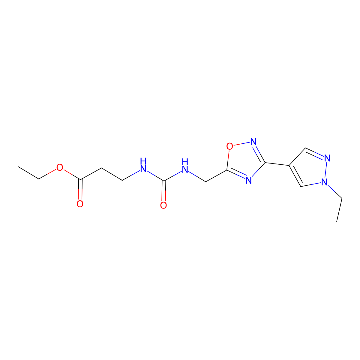 ethyl 3-(3-((3-(1-ethyl-1H-pyrazol-4-yl)-1,2,4-oxadiazol-5-yl)methyl)ureido)propanoate molecular structure, CAS 2034516-67-9