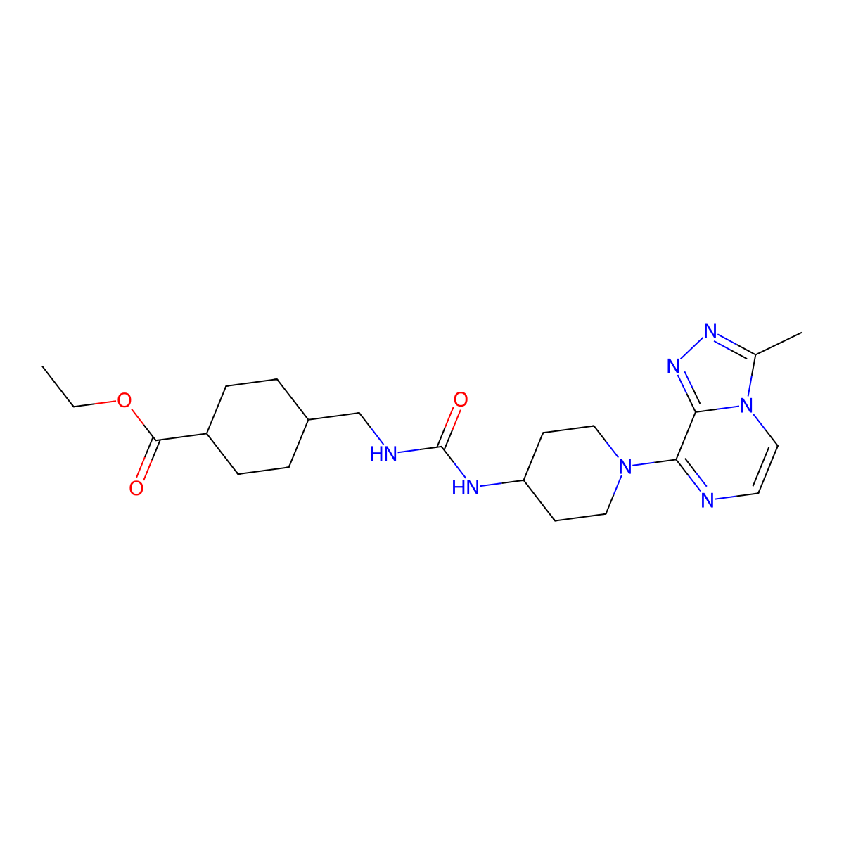 Ethyl 4-((3-(1-(3-methyl-[1,2,4]triazolo[4,3-a]pyrazin-8-yl)piperidin-4-yl)ureido)methyl)cyclohexanecarboxylate molecular structure, CAS 2034516-70-4