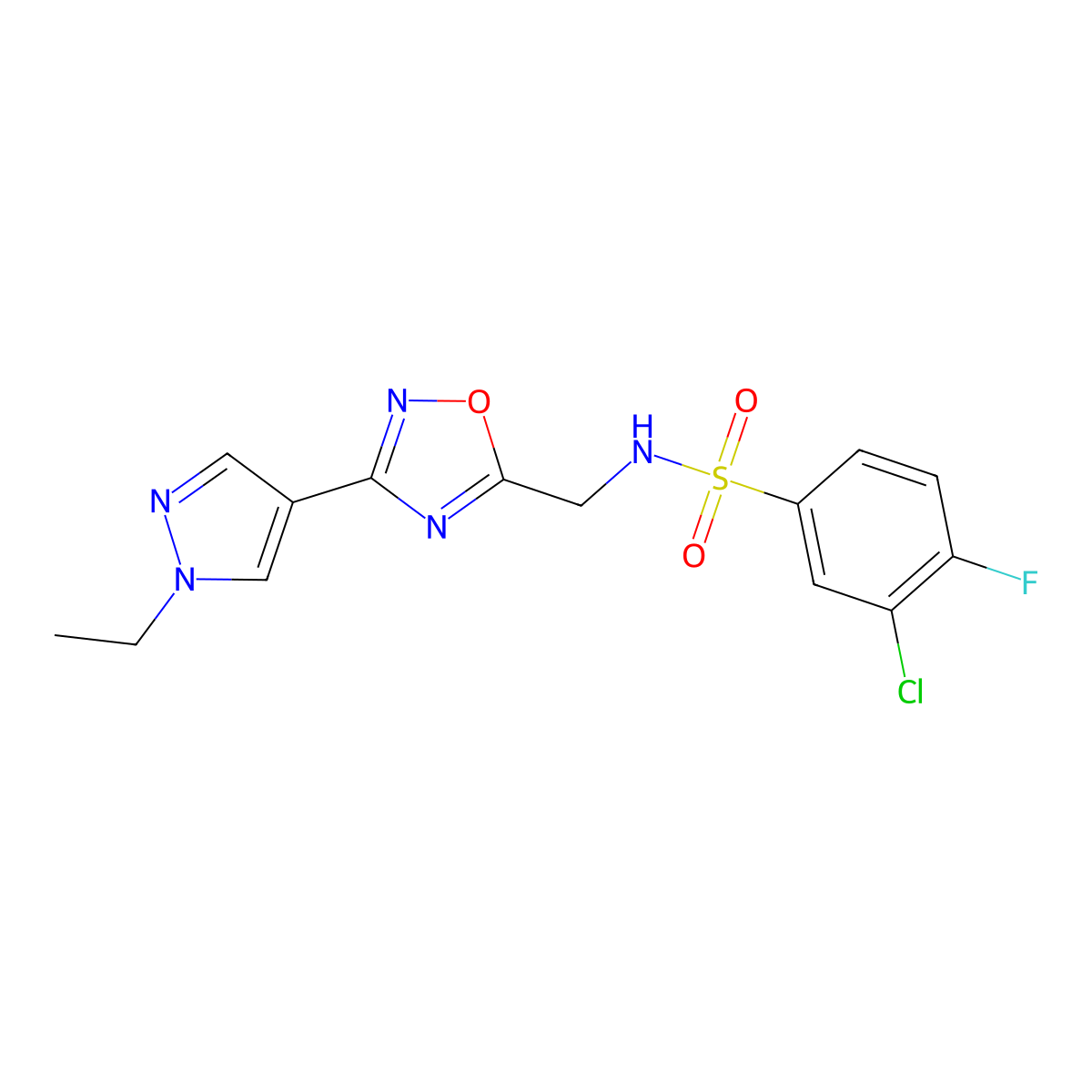 3-chloro-N-((3-(1-ethyl-1H-pyrazol-4-yl)-1,2,4-oxadiazol-5-yl)methyl)-4-fluorobenzenesulfonamide molecular structure, CAS 2034516-74-8