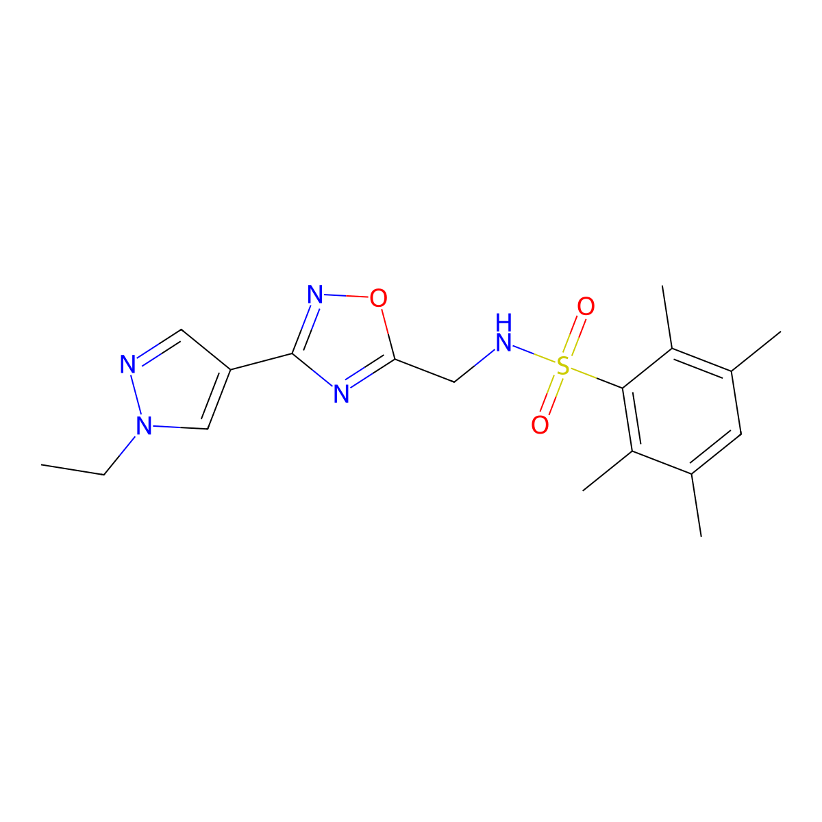 N-{[3-(1-ethyl-1H-pyrazol-4-yl)-1,2,4-oxadiazol-5-yl]methyl}-2,3,5,6-tetramethylbenzene-1-sulfonamide molecular structure, CAS 2034516-94-2