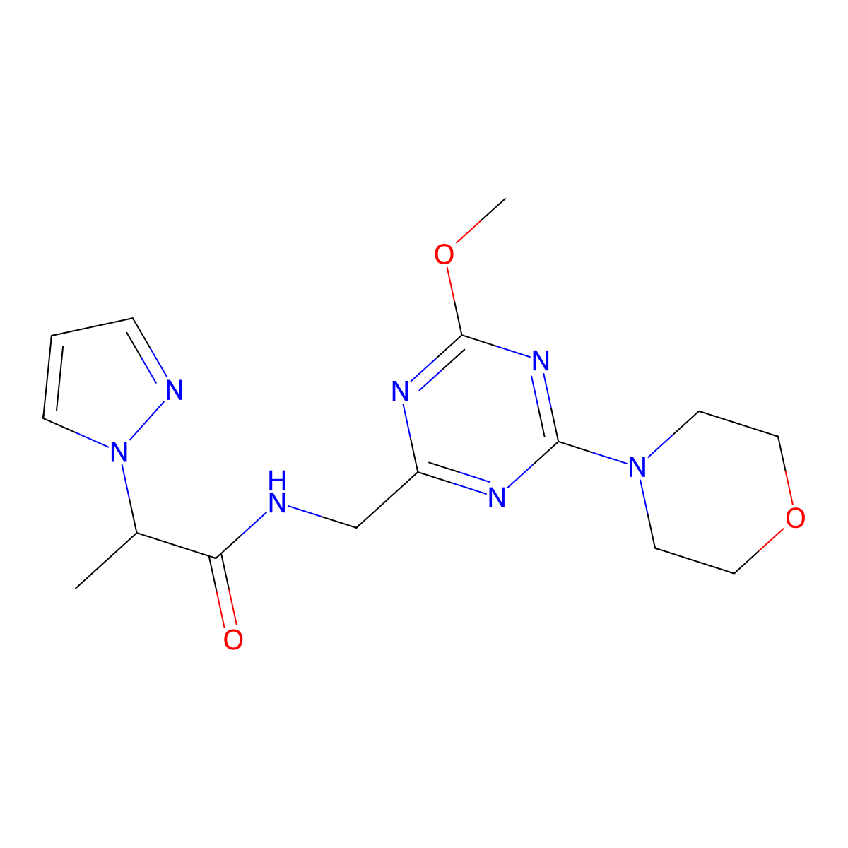 N-((4-methoxy-6-morpholino-1,3,5-triazin-2-yl)methyl)-2-(1H-pyrazol-1-yl)propanamide molecular structure, CAS 2034517-04-7