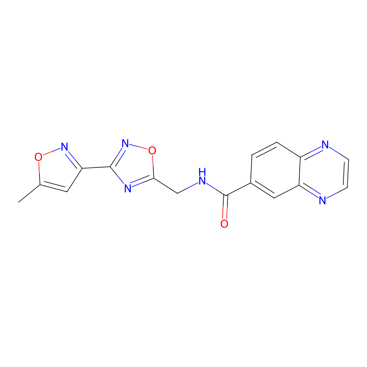 N-((3-(5-methylisoxazol-3-yl)-1,2,4-oxadiazol-5-yl)methyl)quinoxaline-6-carboxamide molecular structure, CAS 2034517-10-5