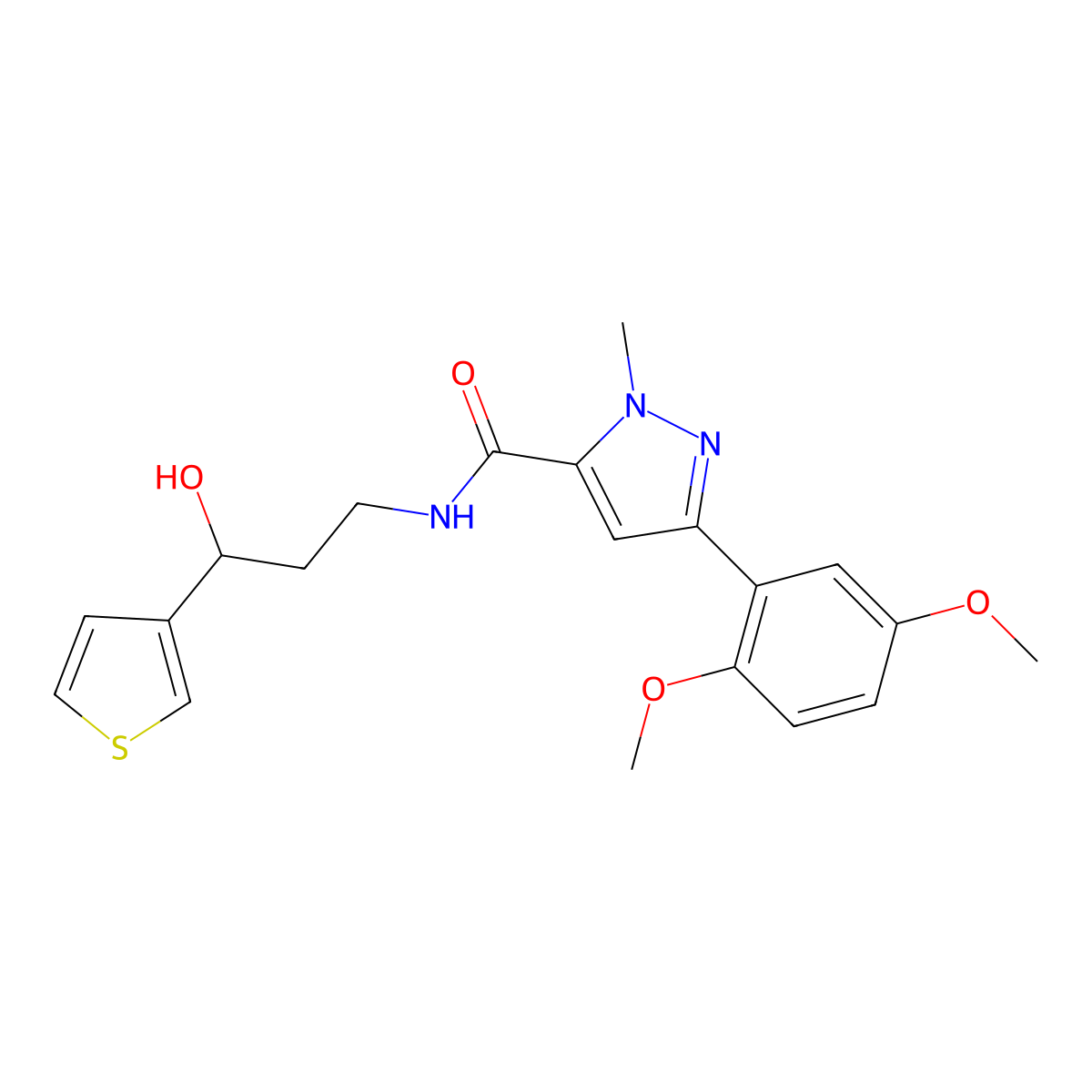 3-(2,5-dimethoxyphenyl)-N-[3-hydroxy-3-(thiophen-3-yl)propyl]-1-methyl-1H-pyrazole-5-carboxamide molecular structure, CAS 2034517-20-7