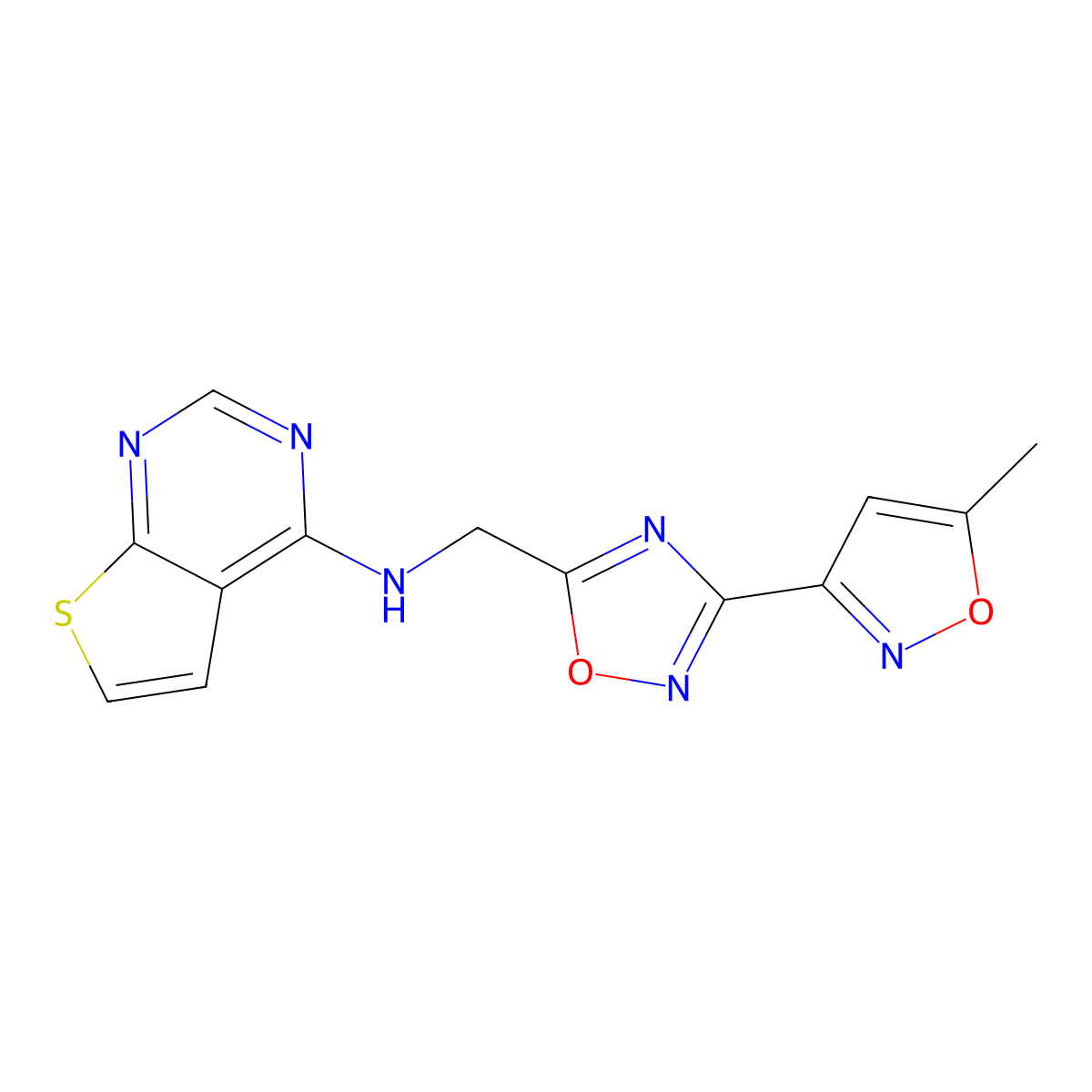 N-((3-(5-methylisoxazol-3-yl)-1,2,4-oxadiazol-5-yl)methyl)thieno[2,3-d]pyrimidin-4-amine molecular structure, CAS 2034517-27-4