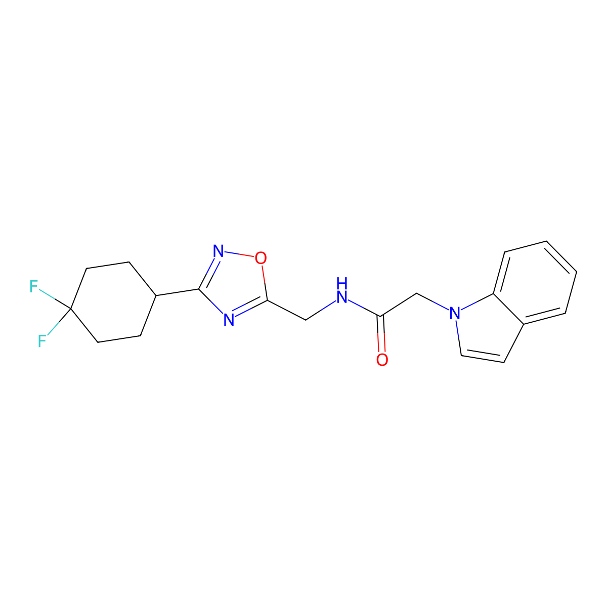 N-((3-(4,4-difluorocyclohexyl)-1,2,4-oxadiazol-5-yl)methyl)-2-(1H-indol-1-yl)acetamide molecular structure, CAS 2034517-28-5