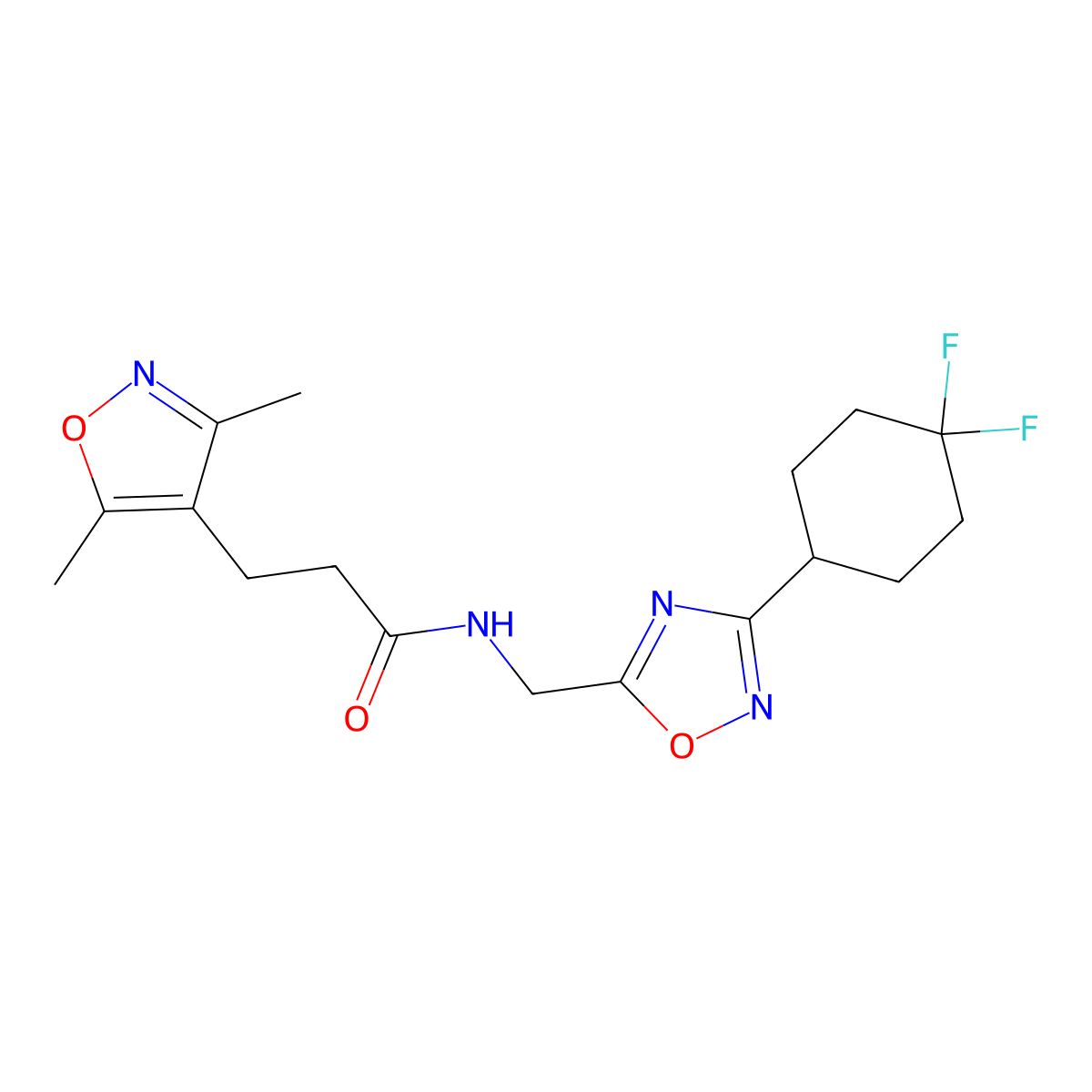 N-{[3-(4,4-difluorocyclohexyl)-1,2,4-oxadiazol-5-yl]methyl}-3-(3,5-dimethyl-1,2-oxazol-4-yl)propanamide molecular structure, CAS 2034517-37-6
