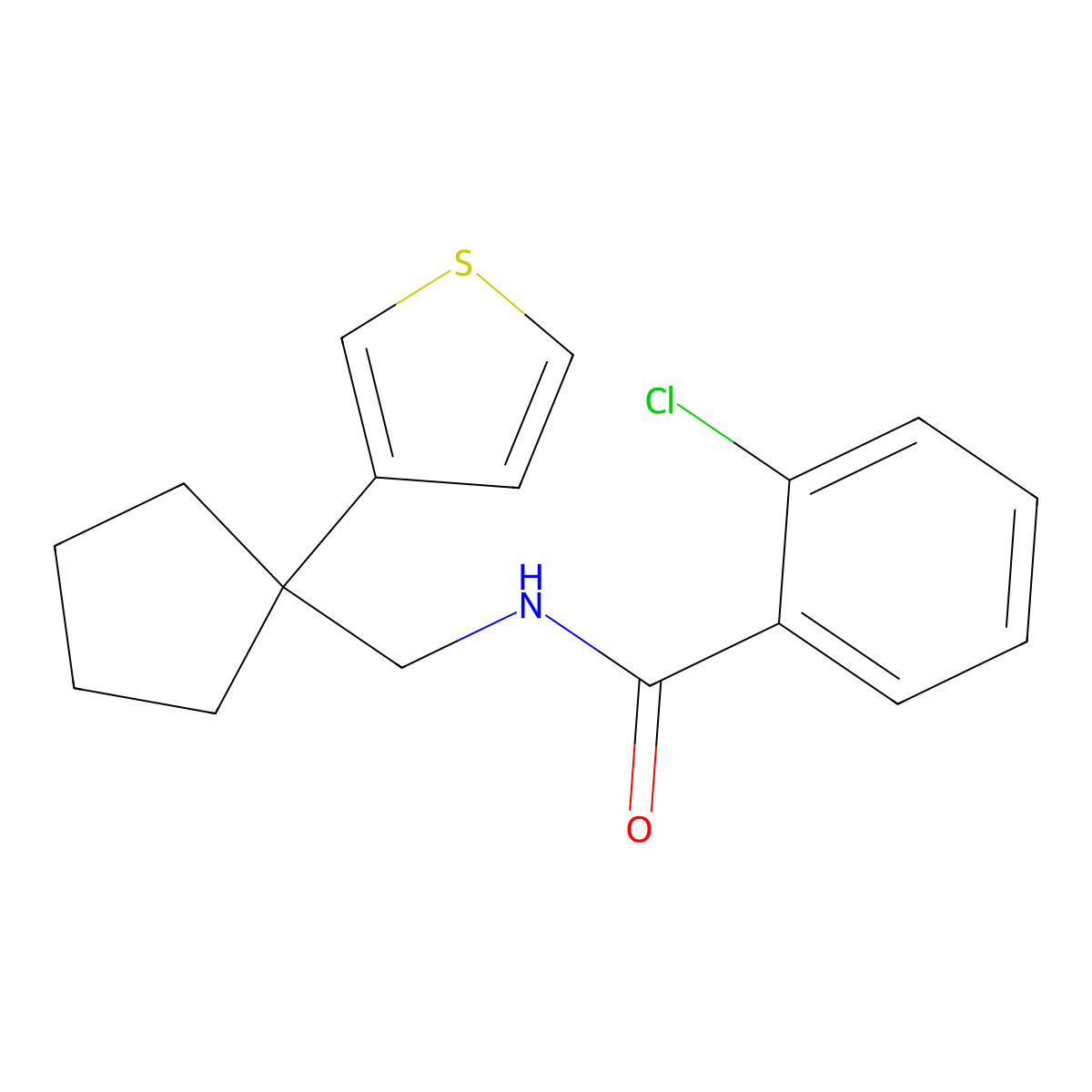 2-chloro-N-((1-(thiophen-3-yl)cyclopentyl)methyl)benzamide molecular structure, CAS 2034517-43-4