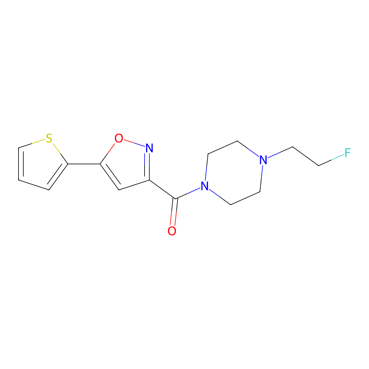 (4-(2-Fluoroethyl)piperazin-1-yl)(5-(thiophen-2-yl)isoxazol-3-yl)methanone molecular structure, CAS 2034517-47-8