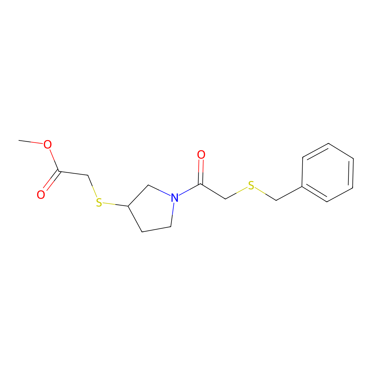 Methyl 2-((1-(2-(benzylthio)acetyl)pyrrolidin-3-yl)thio)acetate molecular structure, CAS 2034517-54-7