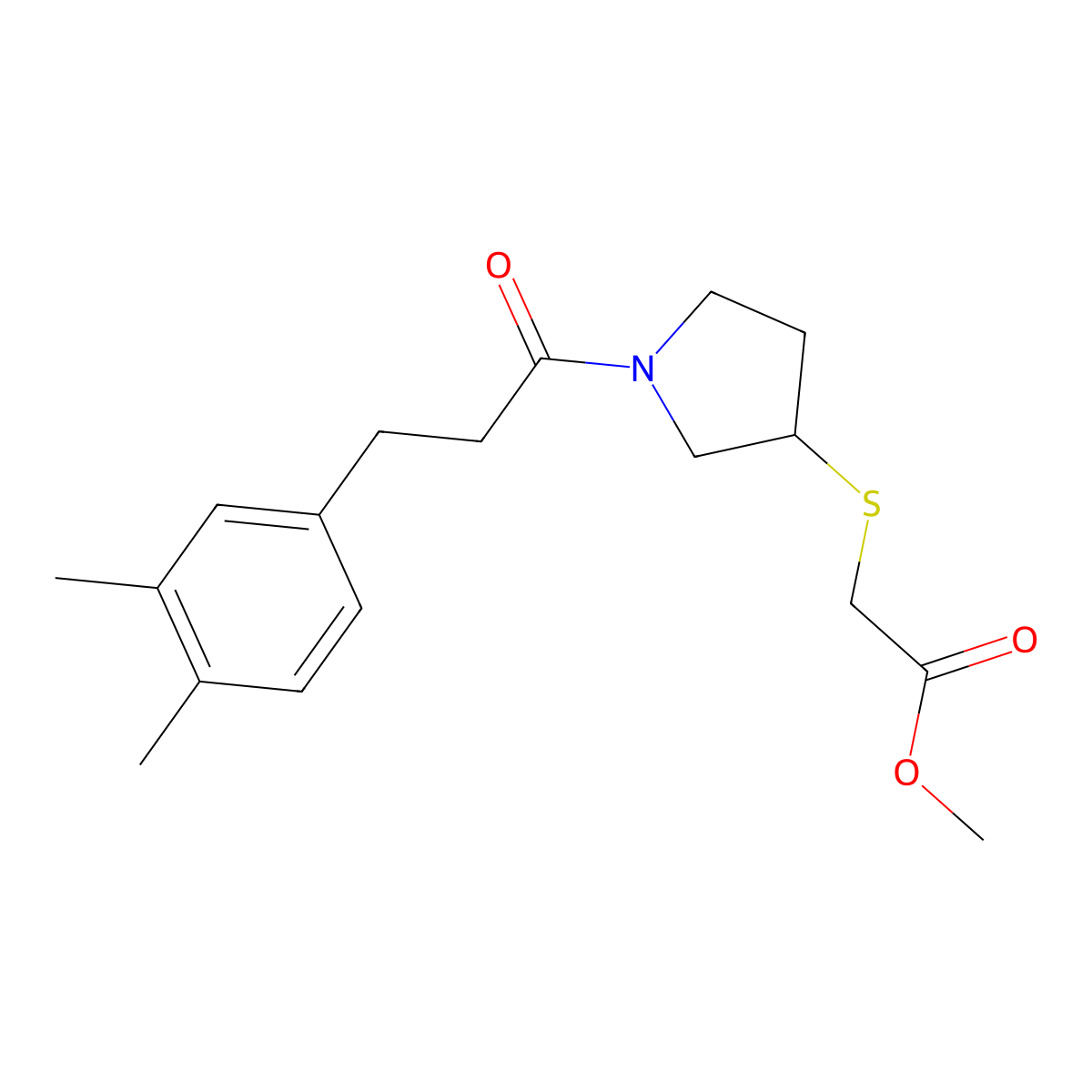 Methyl 2-((1-(3-(3,4-dimethylphenyl)propanoyl)pyrrolidin-3-yl)thio)acetate molecular structure, CAS 2034517-73-0