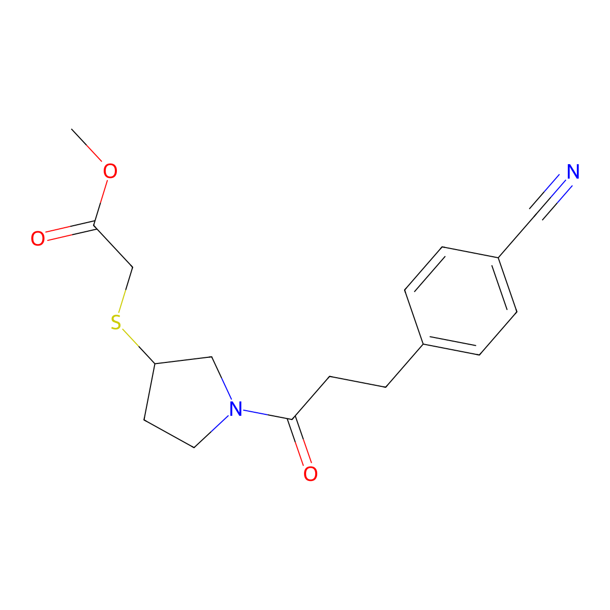Methyl 2-((1-(3-(4-cyanophenyl)propanoyl)pyrrolidin-3-yl)thio)acetate molecular structure, CAS 2034517-82-1
