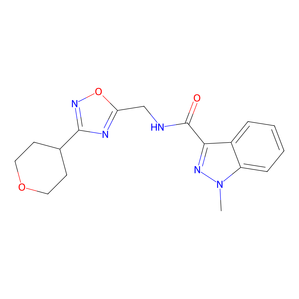 1-methyl-N-((3-(tetrahydro-2H-pyran-4-yl)-1,2,4-oxadiazol-5-yl)methyl)-1H-indazole-3-carboxamide molecular structure, CAS 2034517-83-2