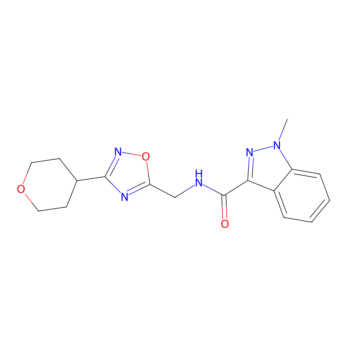 1-methyl-N-((3-(tetrahydro-2H-pyran-4-yl)-1,2,4-oxadiazol-5-yl)methyl)-1H-indazole-3-carboxamide molecular structure, CAS 2034517-83-2