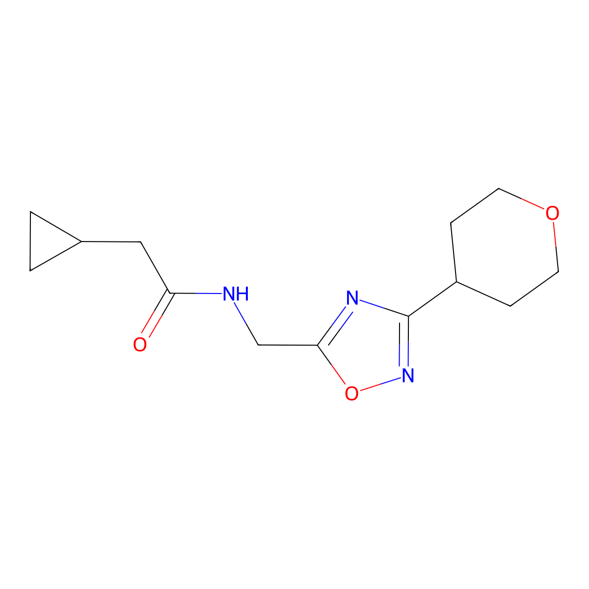 2-cyclopropyl-N-((3-(tetrahydro-2H-pyran-4-yl)-1,2,4-oxadiazol-5-yl)methyl)acetamide molecular structure, CAS 2034517-88-7