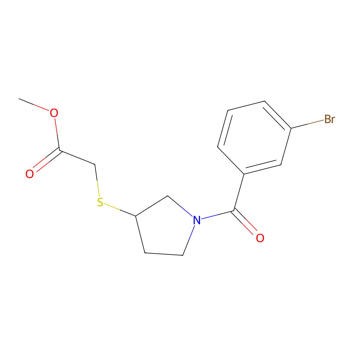 Methyl 2-((1-(3-bromobenzoyl)pyrrolidin-3-yl)thio)acetate molecular structure, CAS 2034518-01-7