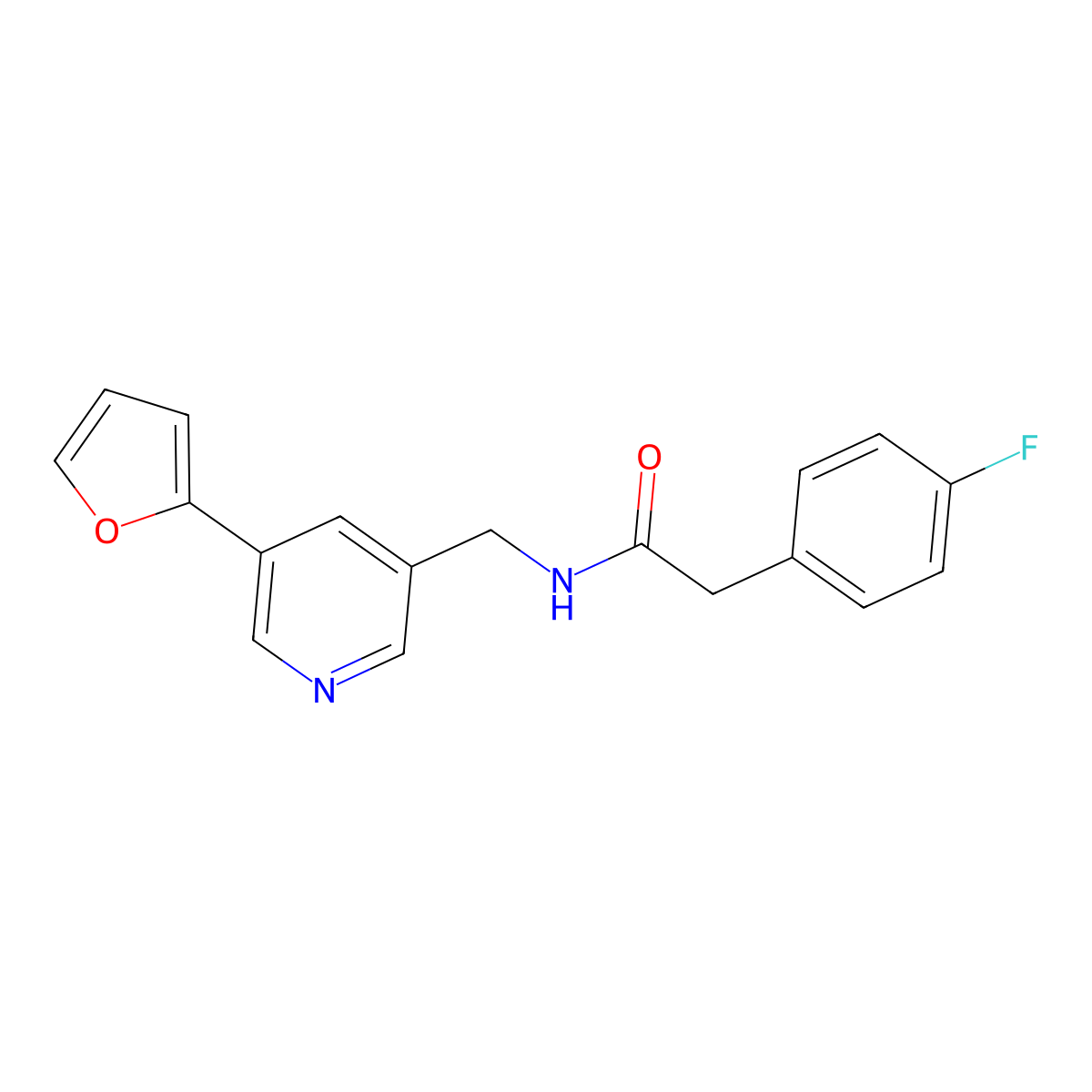 2-(4-fluorophenyl)-N-((5-(furan-2-yl)pyridin-3-yl)methyl)acetamide molecular structure, CAS 2034518-04-0
