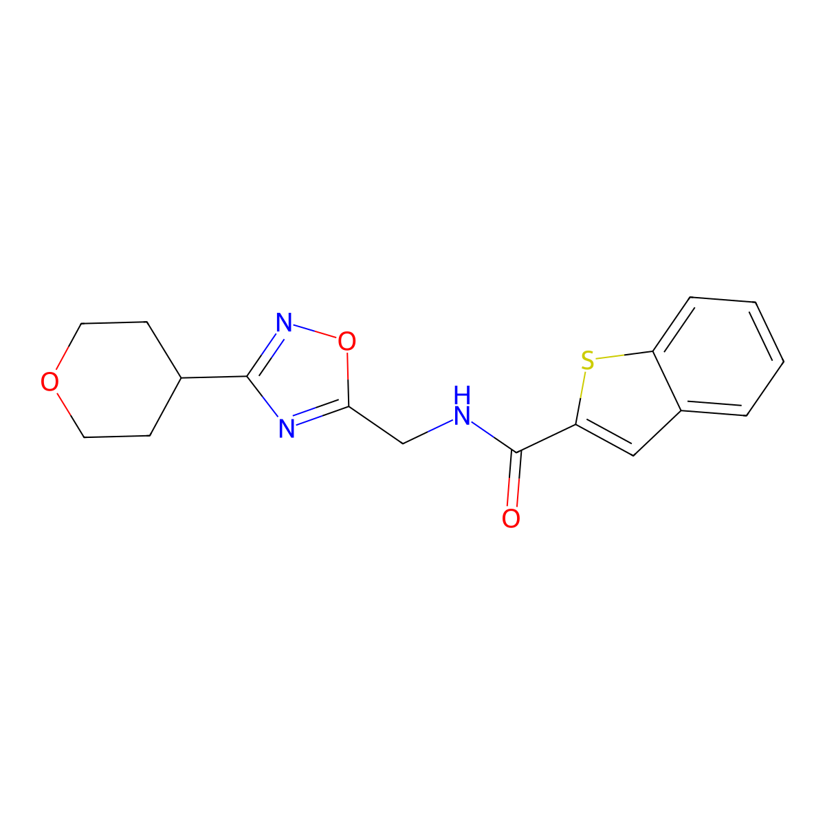N-((3-(tetrahydro-2H-pyran-4-yl)-1,2,4-oxadiazol-5-yl)methyl)benzo[b]thiophene-2-carboxamide molecular structure, CAS 2034518-05-1