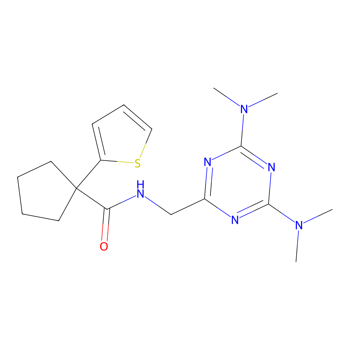 N-((4,6-bis(dimethylamino)-1,3,5-triazin-2-yl)methyl)-1-(thiophen-2-yl)cyclopentanecarboxamide molecular structure, CAS 2034518-06-2