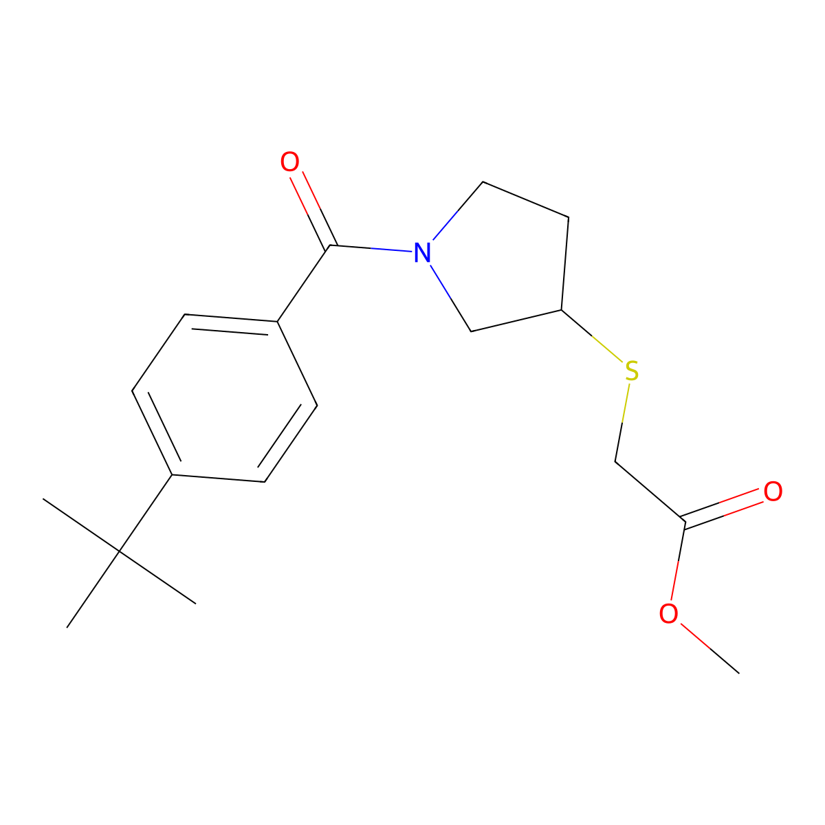 Methyl 2-((1-(4-(tert-butyl)benzoyl)pyrrolidin-3-yl)thio)acetate molecular structure, CAS 2034518-12-0
