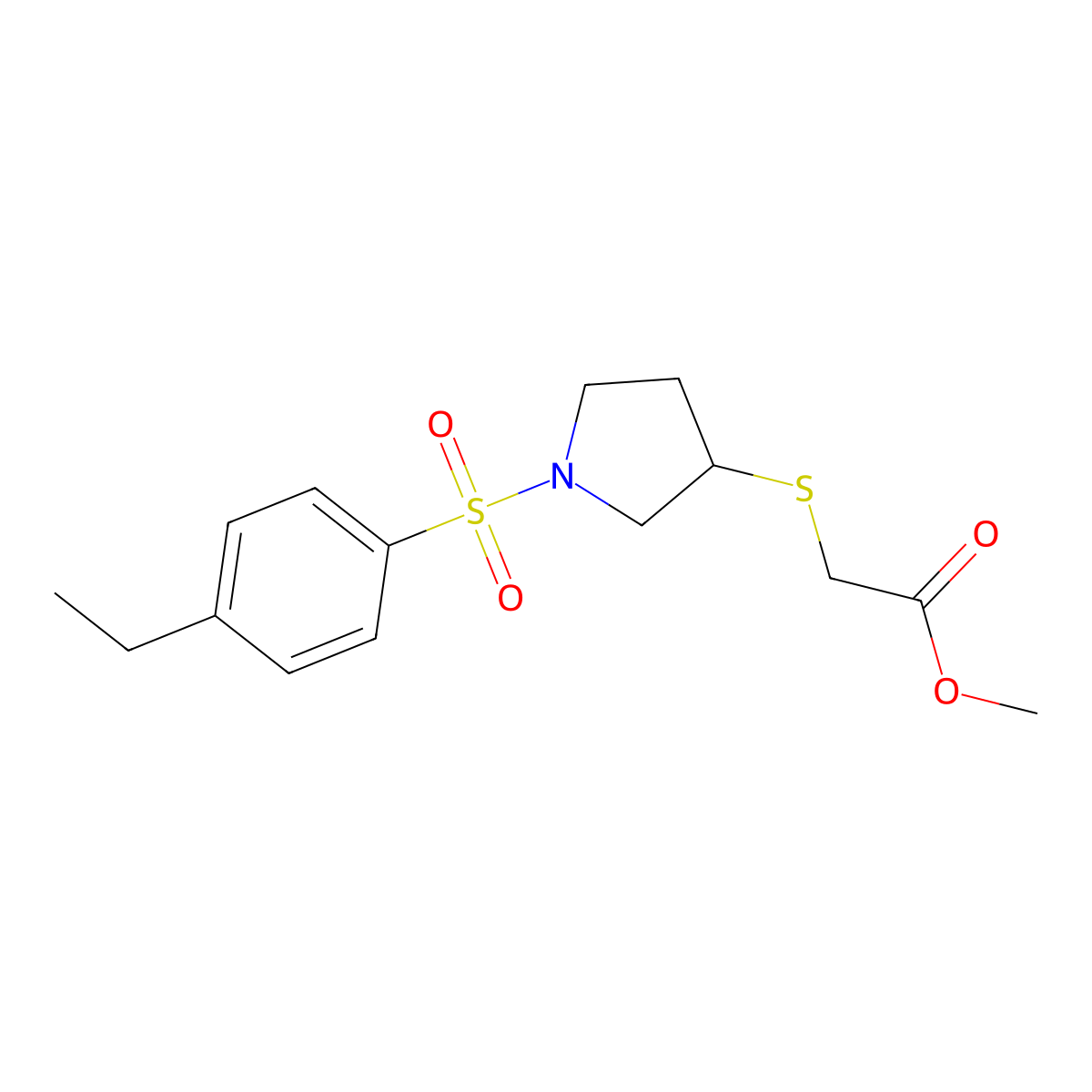 Methyl 2-((1-((4-ethylphenyl)sulfonyl)pyrrolidin-3-yl)thio)acetate molecular structure, CAS 2034518-16-4