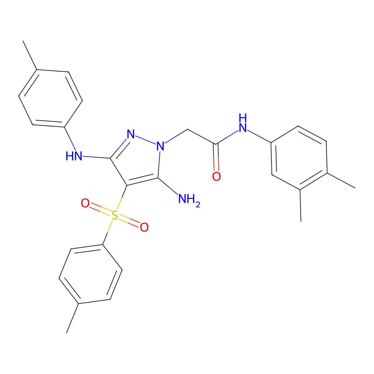 2-(5-amino-3-(p-tolylamino)-4-tosyl-1H-pyrazol-1-yl)-N-(3,4-dimethylphenyl)acetamide molecular structure, CAS 2034518-18-6