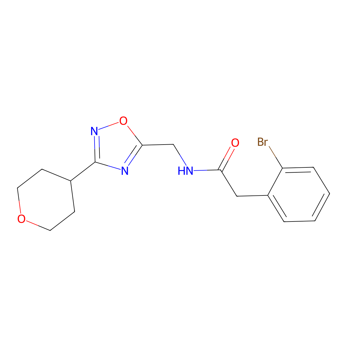 2-(2-bromophenyl)-N-((3-(tetrahydro-2H-pyran-4-yl)-1,2,4-oxadiazol-5-yl)methyl)acetamide molecular structure, CAS 2034518-19-7