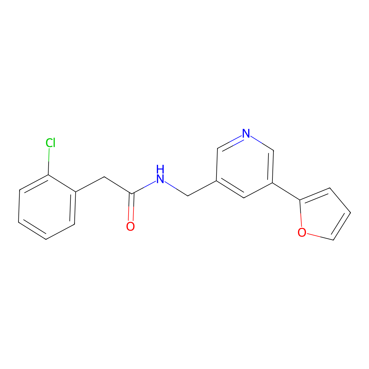 2-(2-chlorophenyl)-N-{[5-(furan-2-yl)pyridin-3-yl]methyl}acetamide molecular structure, CAS 2034518-27-7