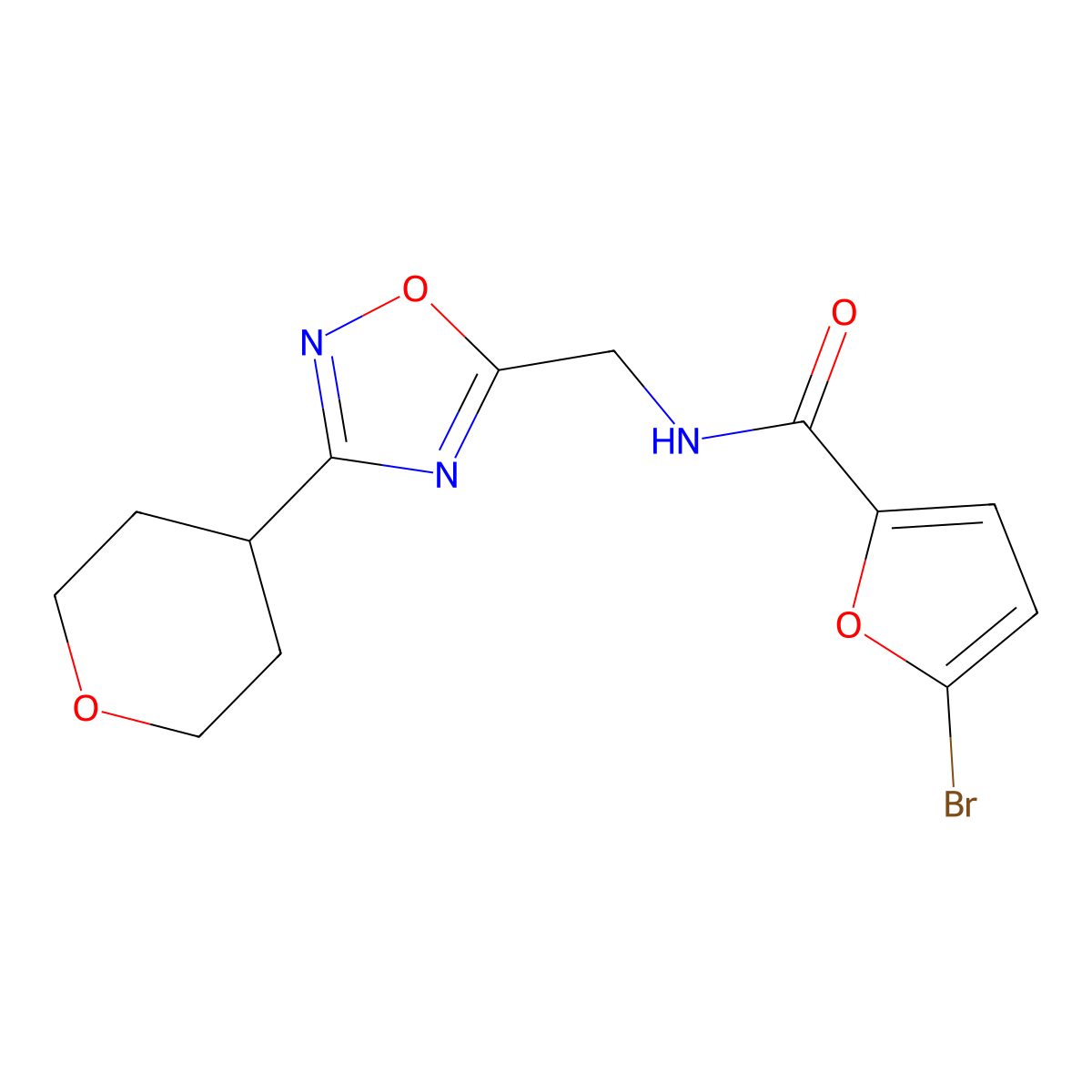 5-bromo-N-((3-(tetrahydro-2H-pyran-4-yl)-1,2,4-oxadiazol-5-yl)methyl)furan-2-carboxamide molecular structure, CAS 2034518-28-8