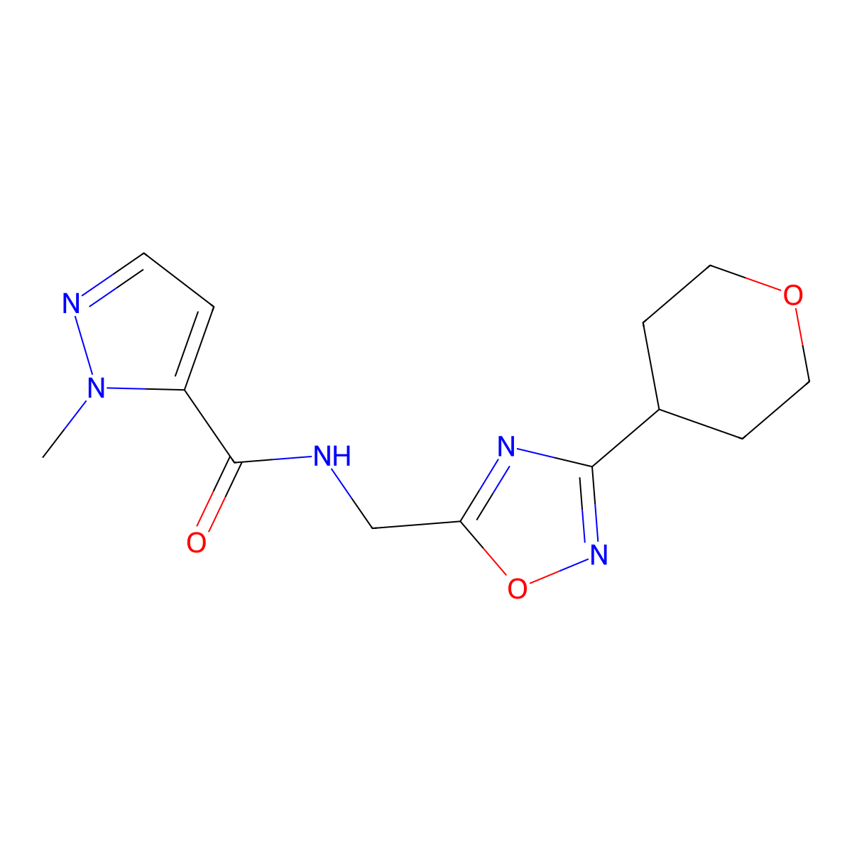 1-methyl-N-((3-(tetrahydro-2H-pyran-4-yl)-1,2,4-oxadiazol-5-yl)methyl)-1H-pyrazole-5-carboxamide molecular structure, CAS 2034518-29-9